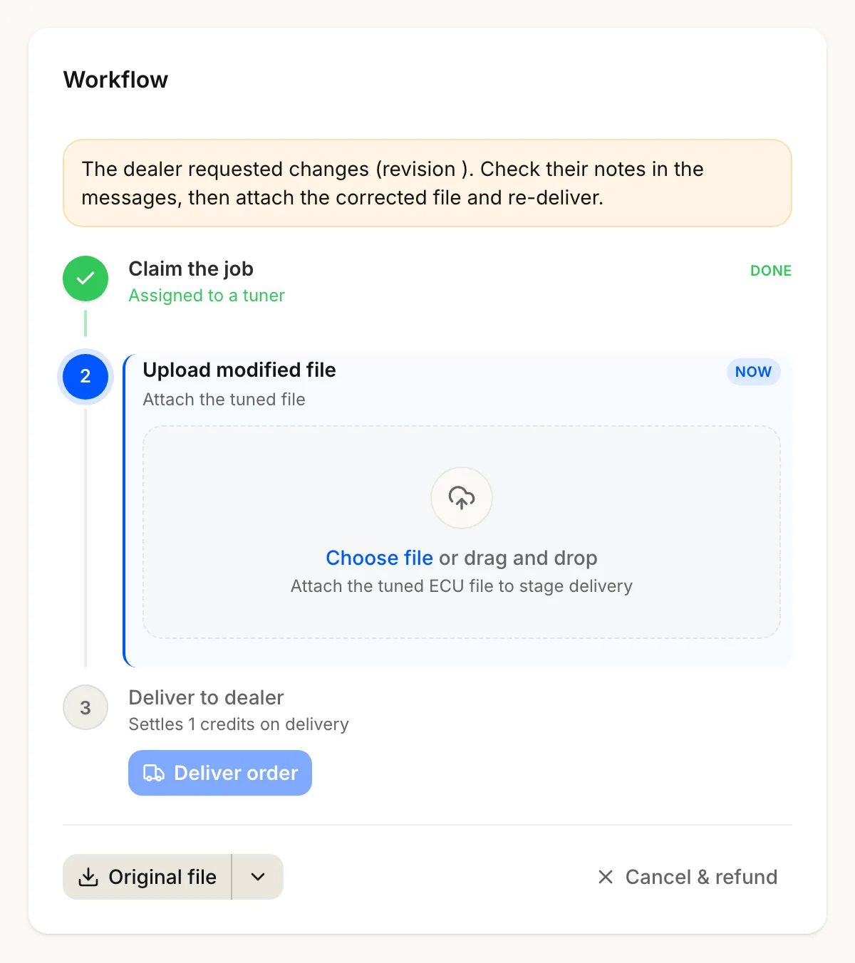 The Workflow card on a revision: the change notice, a fresh upload slot, and Deliver order.