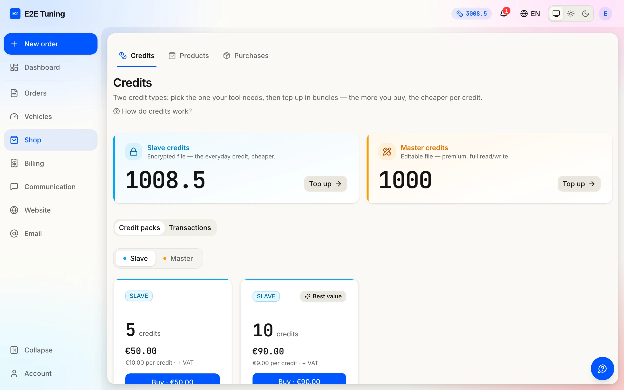 The Credits page showing separate slave and master credit balances.