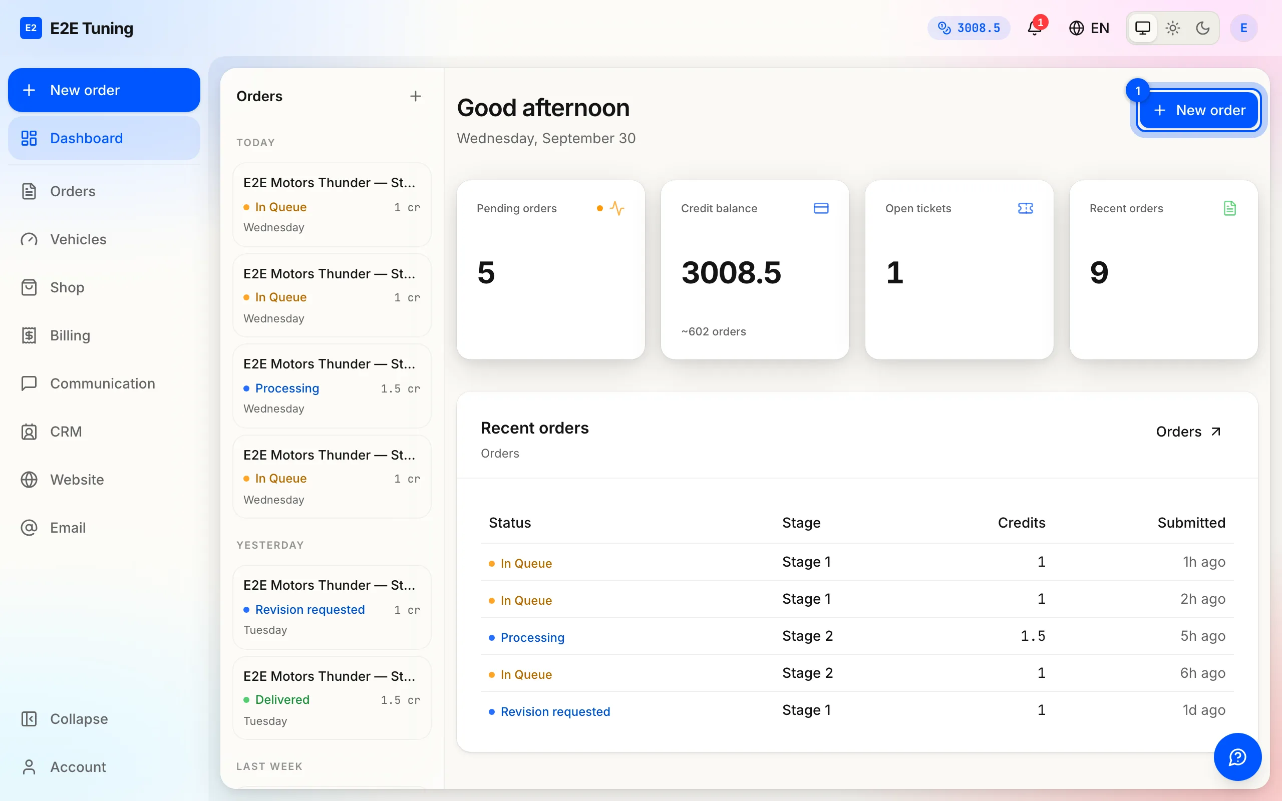 The dashboard with the New order button highlighted top right.