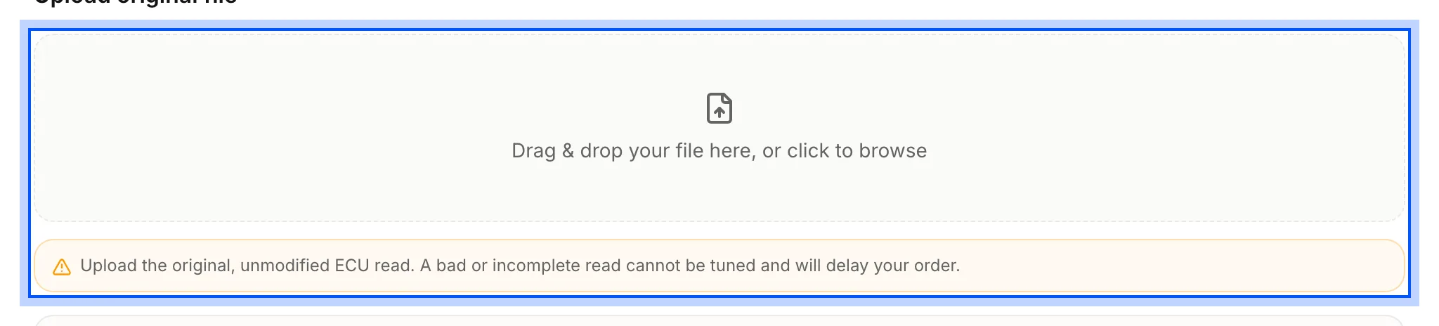 The order wizard's upload area, with the reminder that it wants the original, unmodified ECU read.