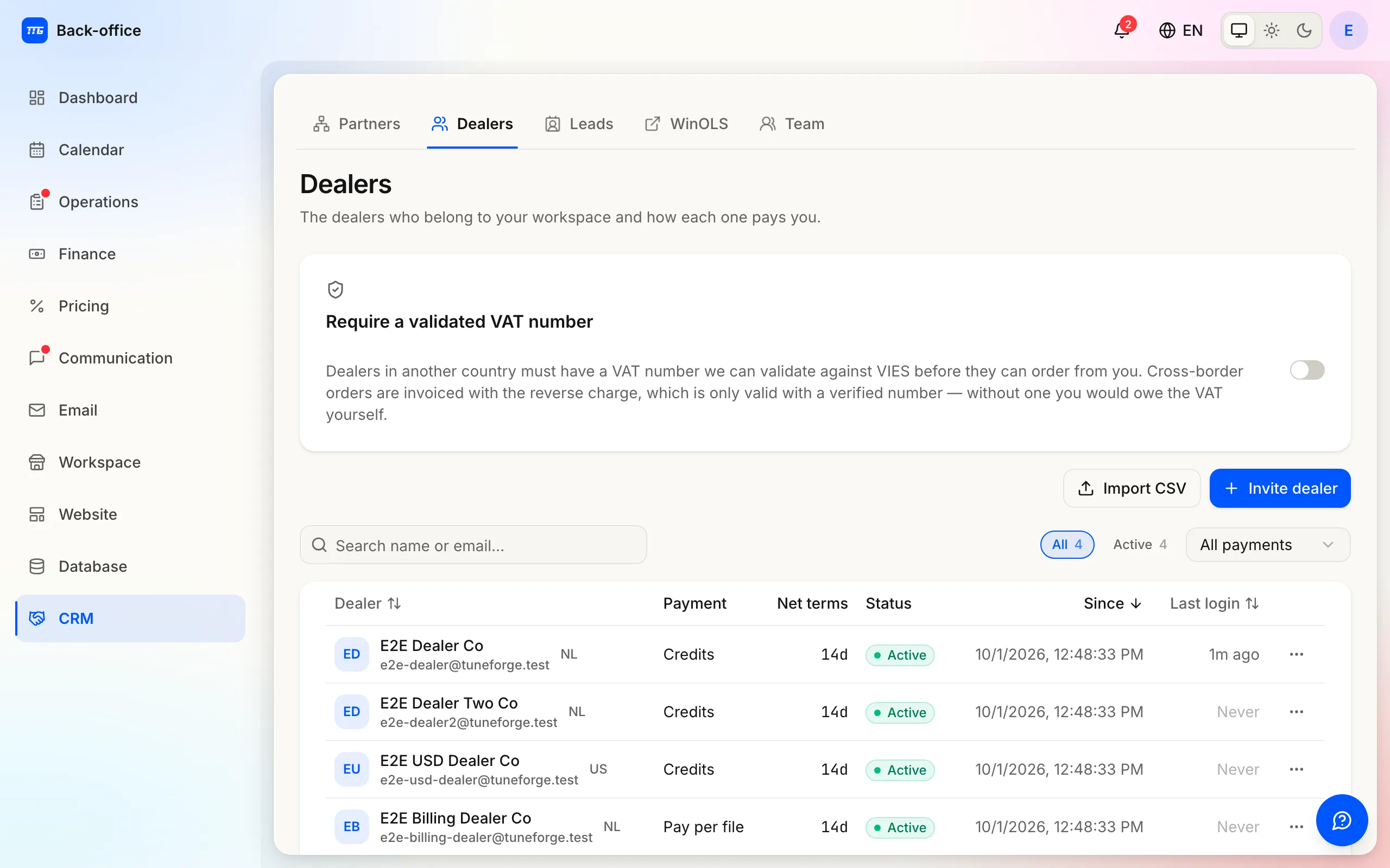 The Dealers page listing dealer accounts with their payment terms and status.