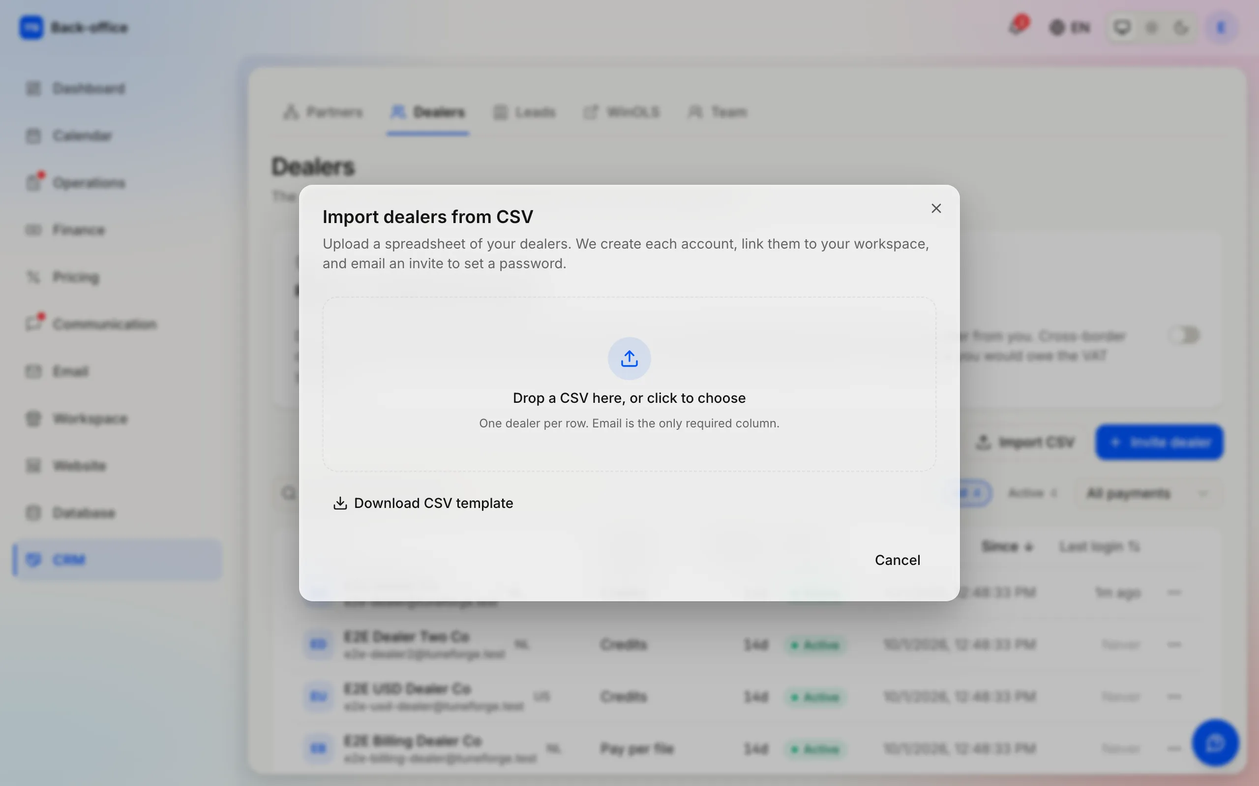 The CSV import dialog with its template download — the list is validated before anything is written.