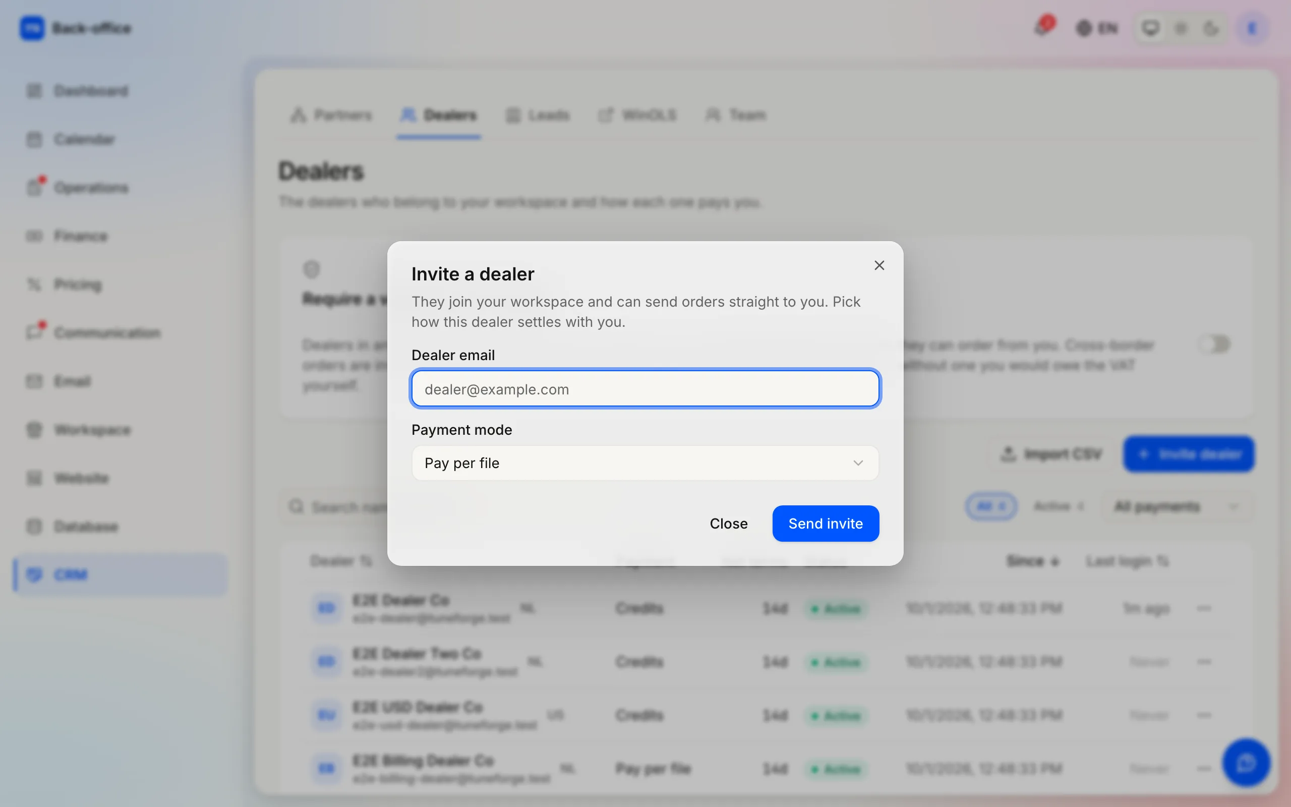 The invite dialog: the dealer's email and how they settle with you — credits, per file or monthly.