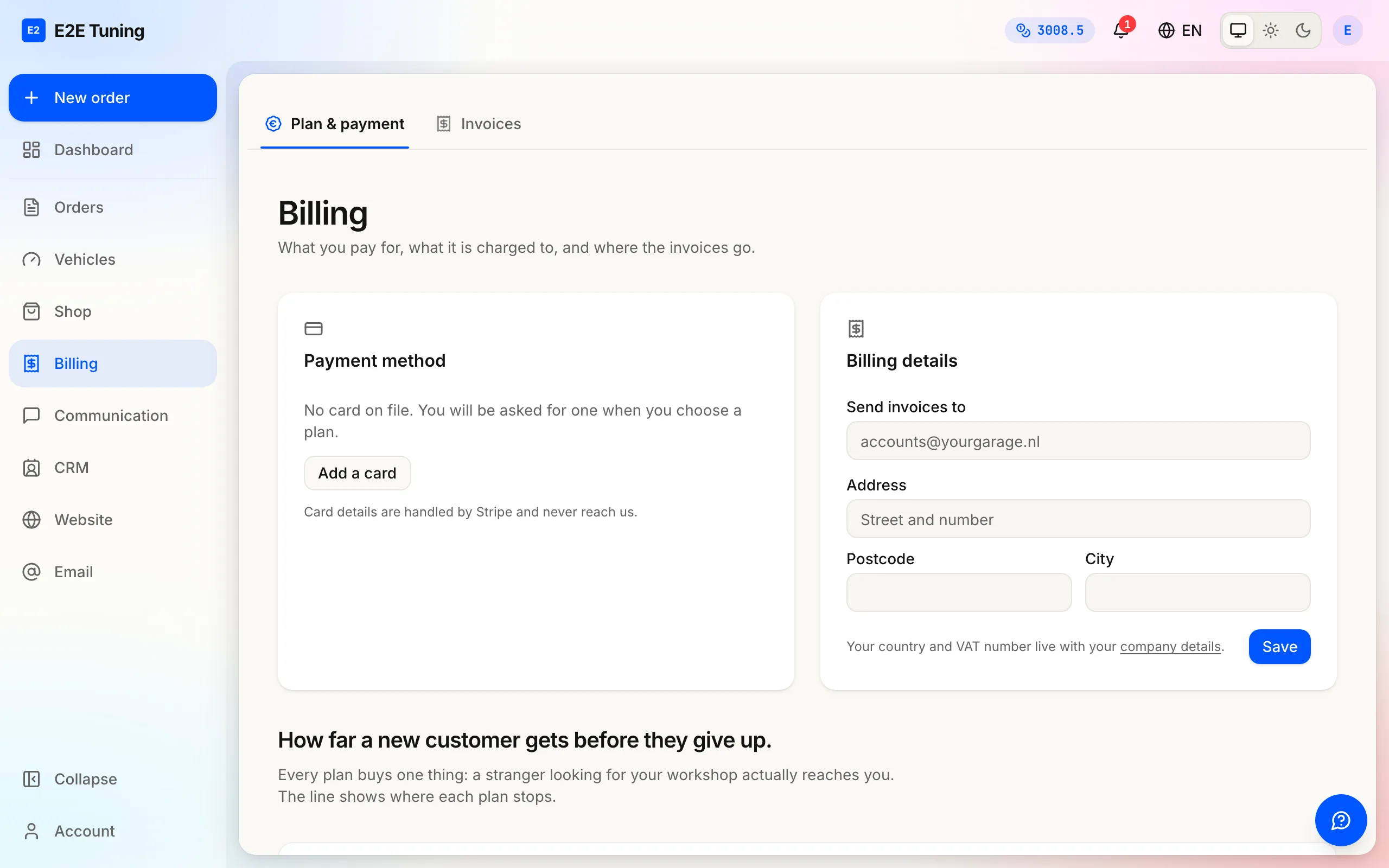 The Billing page with the plan, payment method and billing address sections.