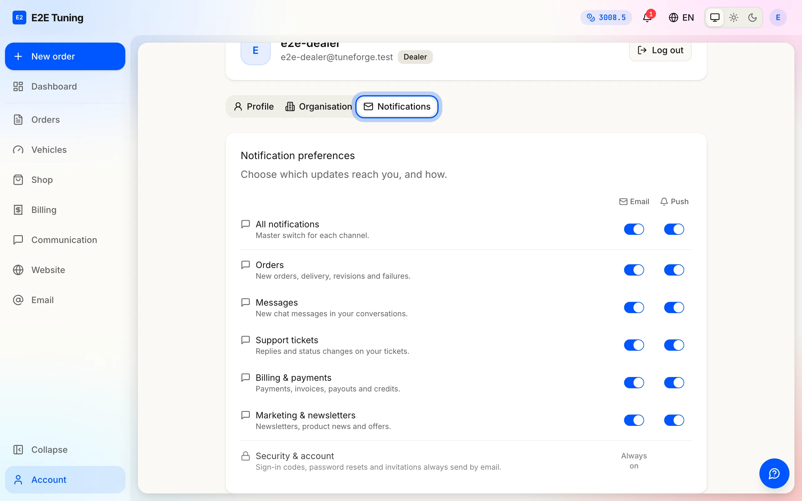 The Account page's Notifications tab: an email and a push switch per category, with Security & account listed as always on.