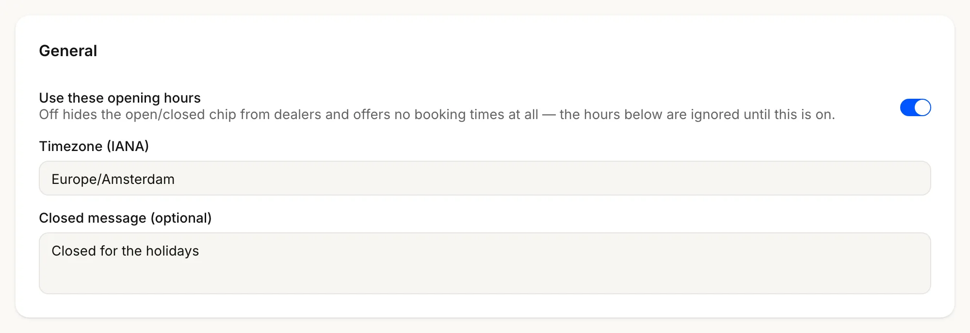 The General card with opening hours switched on, the timezone set to Europe/Amsterdam and a closed message under it.