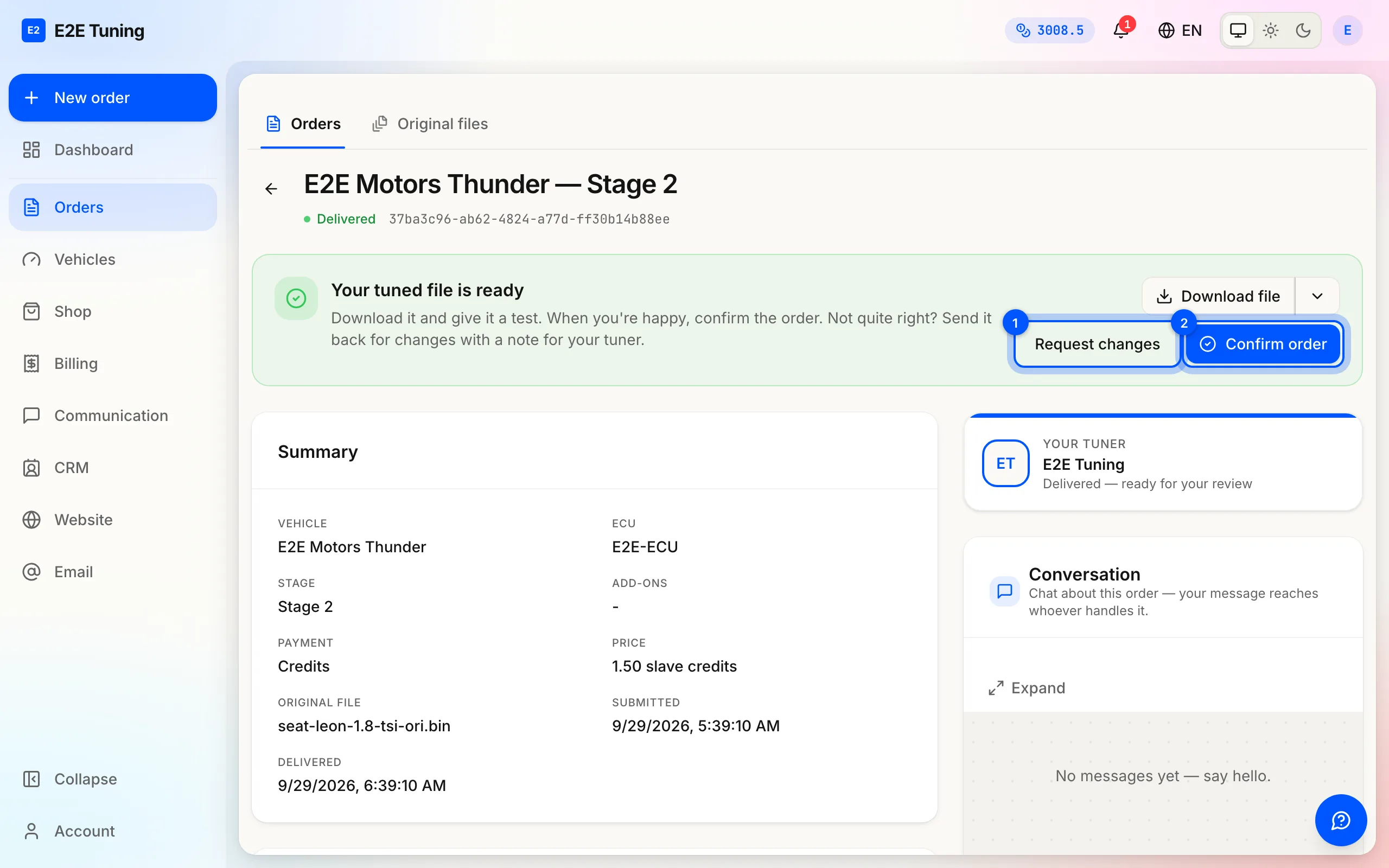 A delivered order: the tuned file is ready, with Request changes and Confirm order as the two next steps.