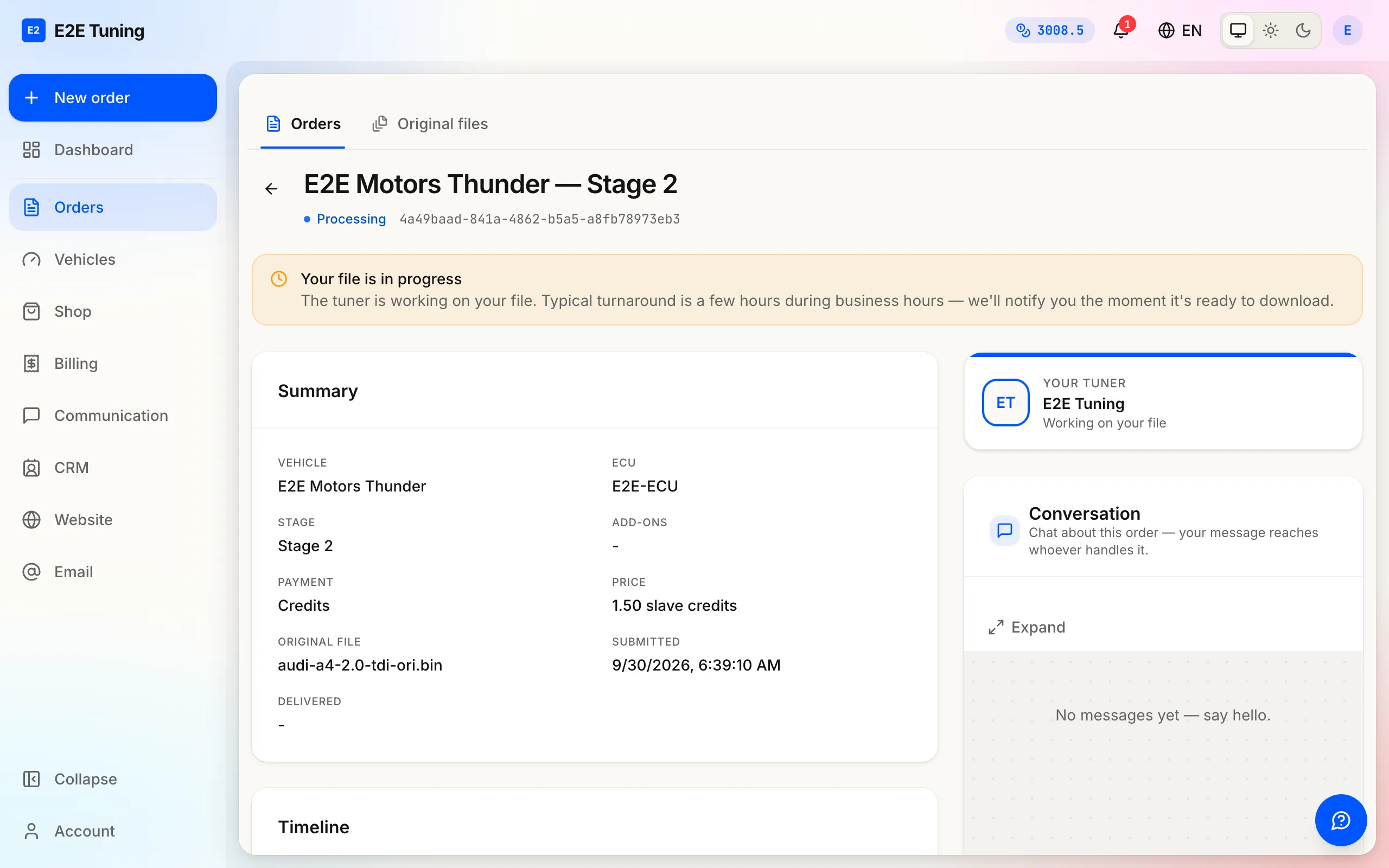 An order page showing its current status, vehicle, price and timeline.