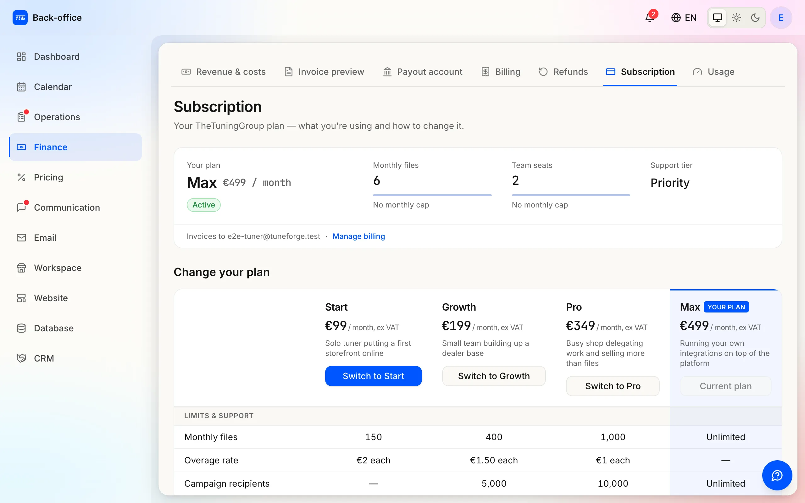 The Subscription page showing plan state, trial status and billing details.