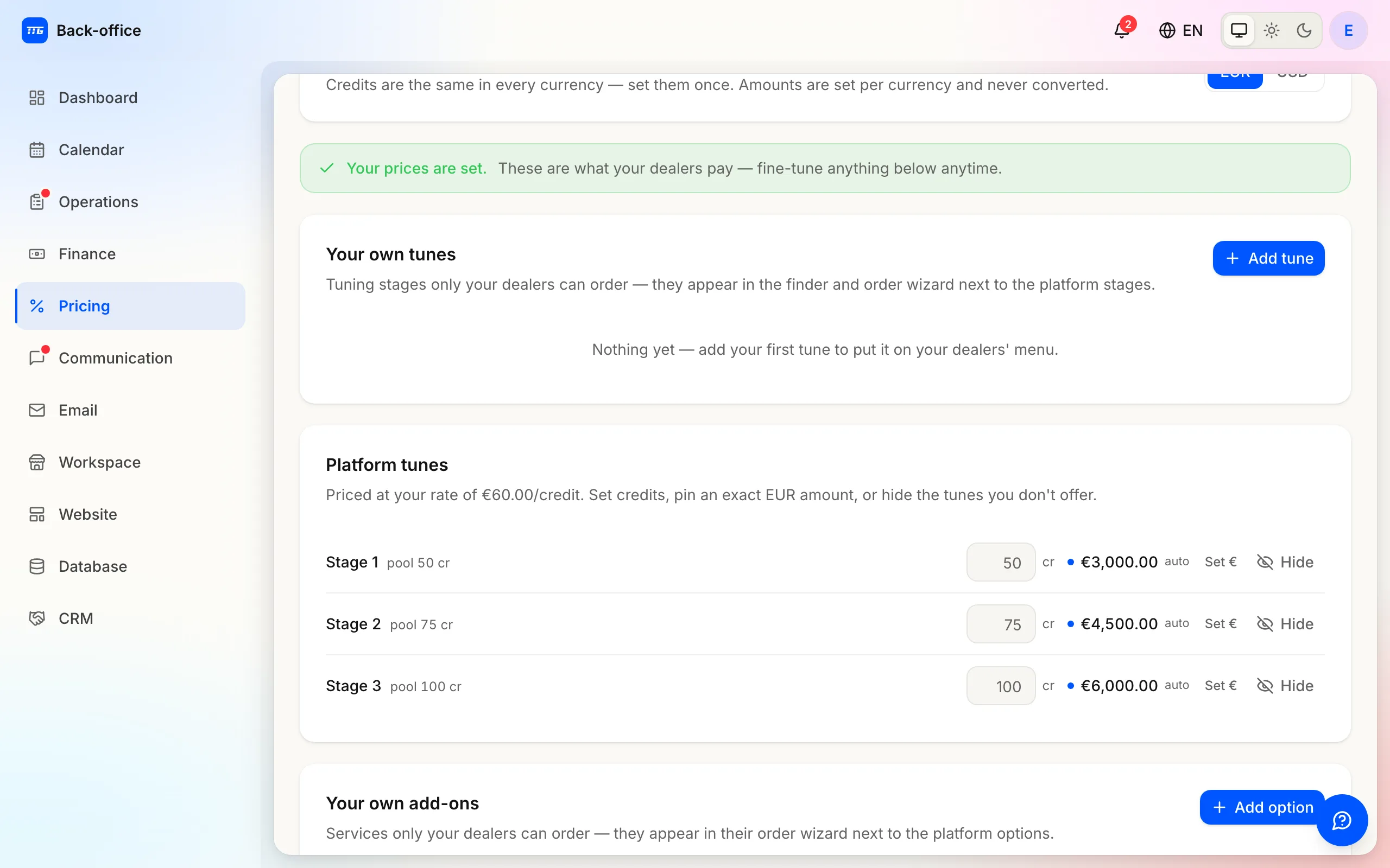 The price book's platform tunes: credits per stage, the derived money price, Set € and Hide.