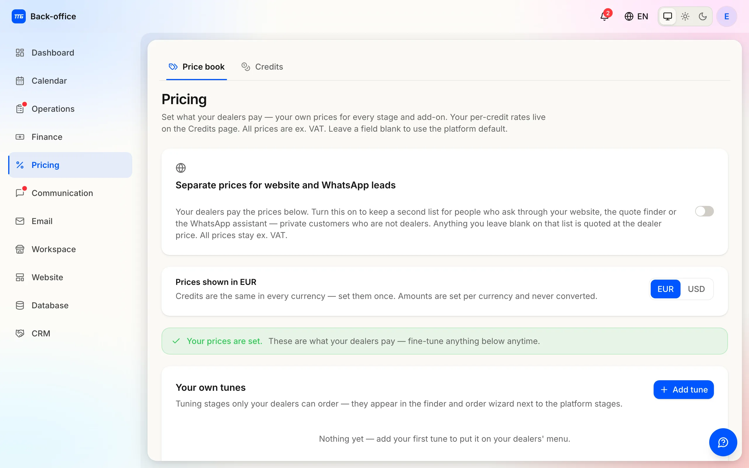 The Pricing page with credit rates, per-currency prices and the price book.
