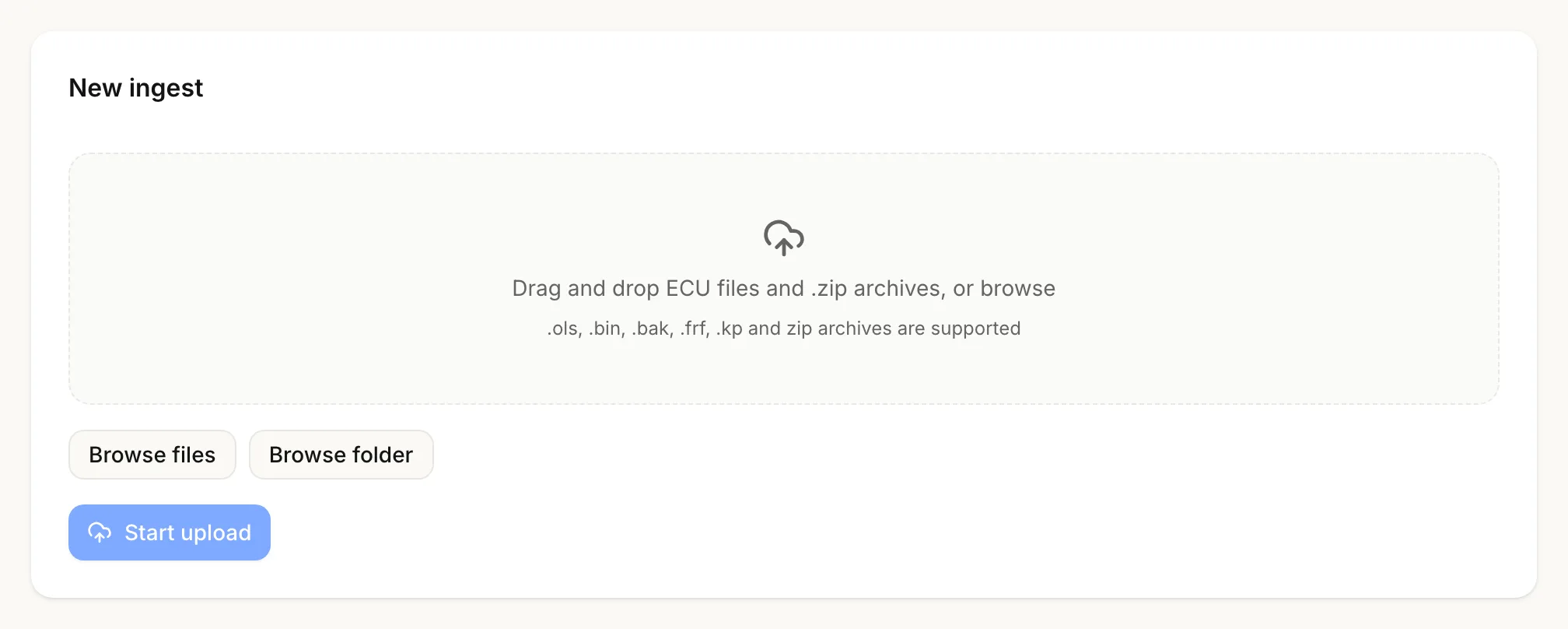 The Database section's New ingest card: the drop area naming the supported extensions, with Browse files, Browse folder and Start upload.