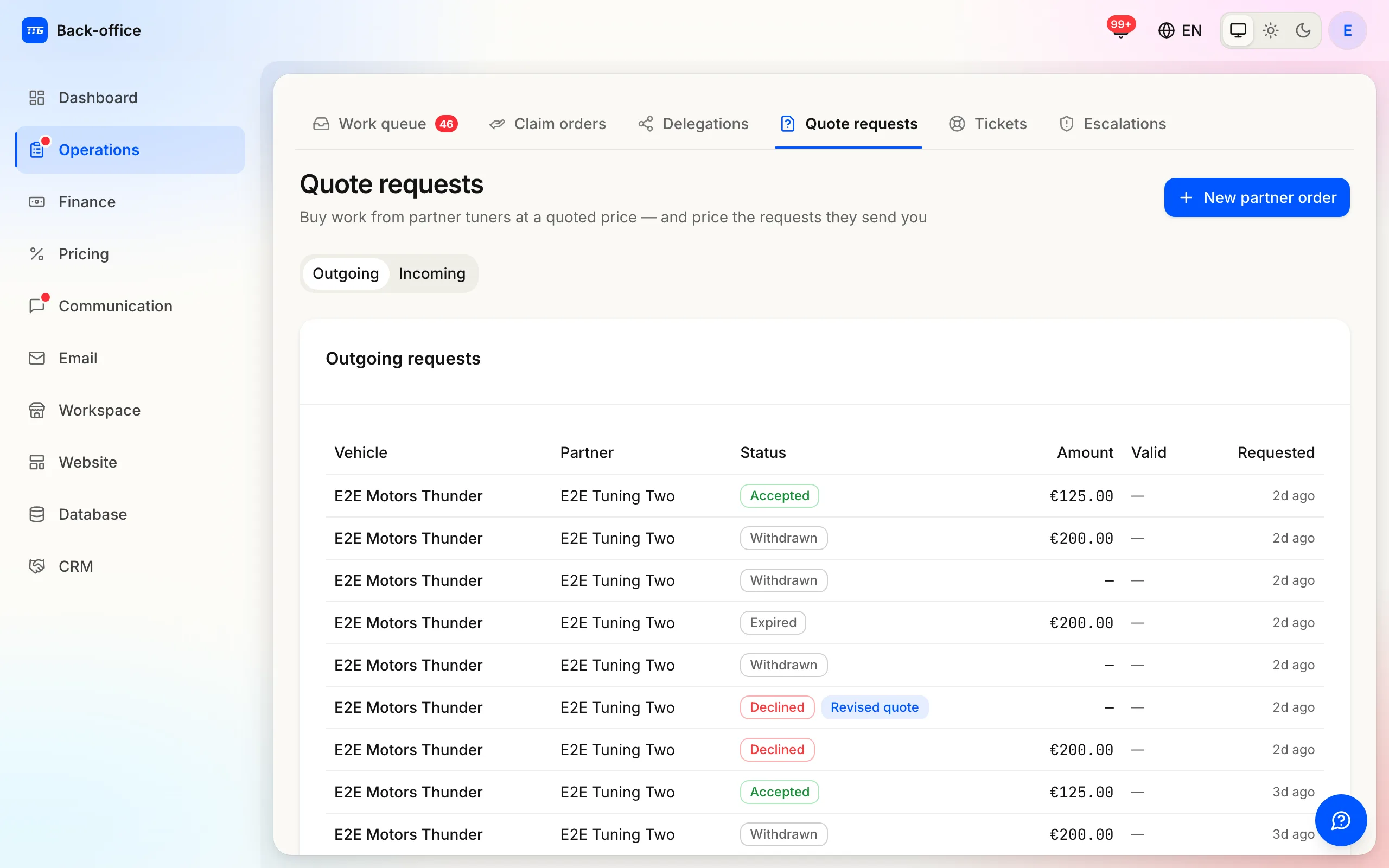 The Quote requests page where partner tuners' pricing requests arrive.