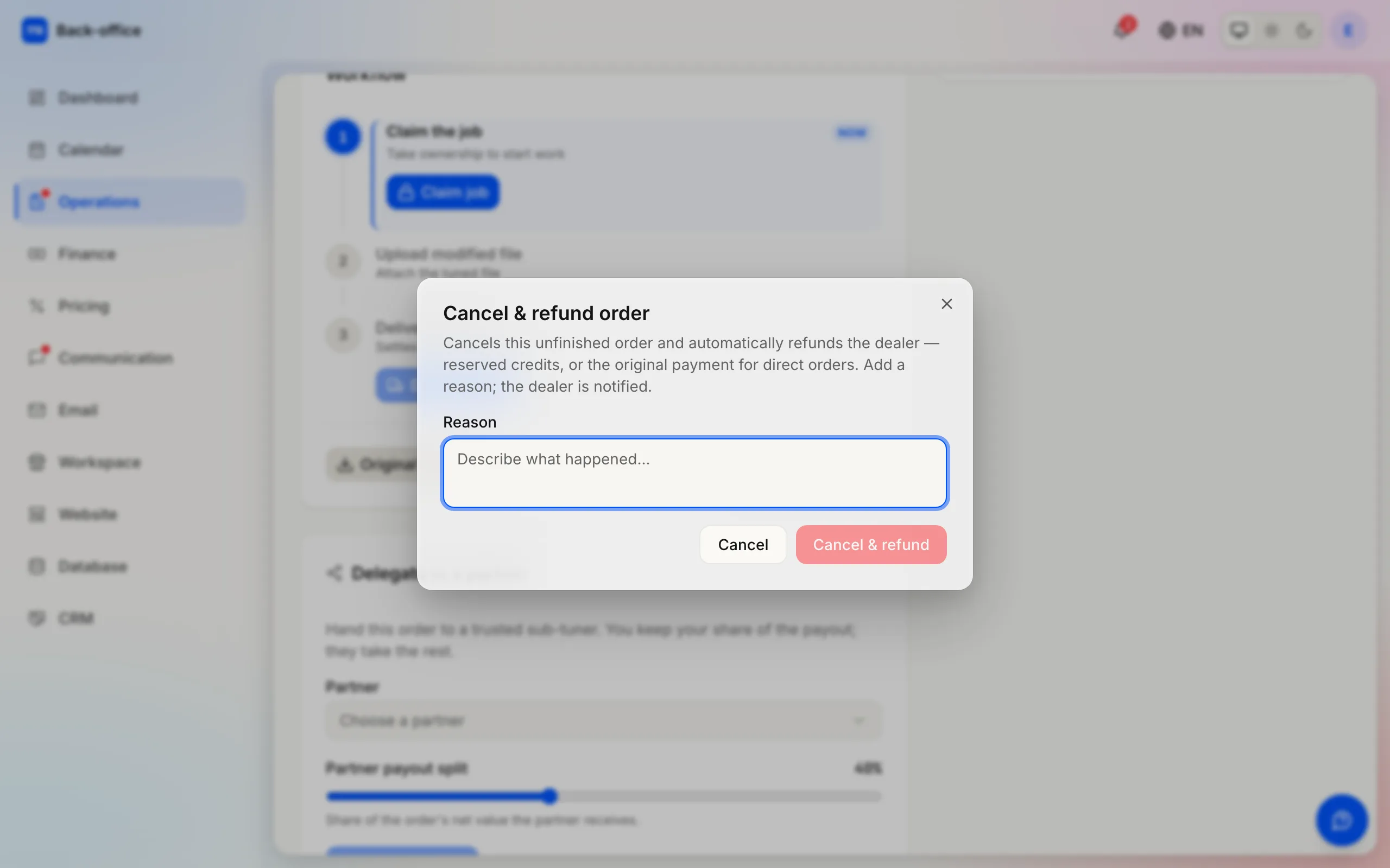 The cancel dialog on an undelivered order: it refunds the dealer automatically and asks for a reason.