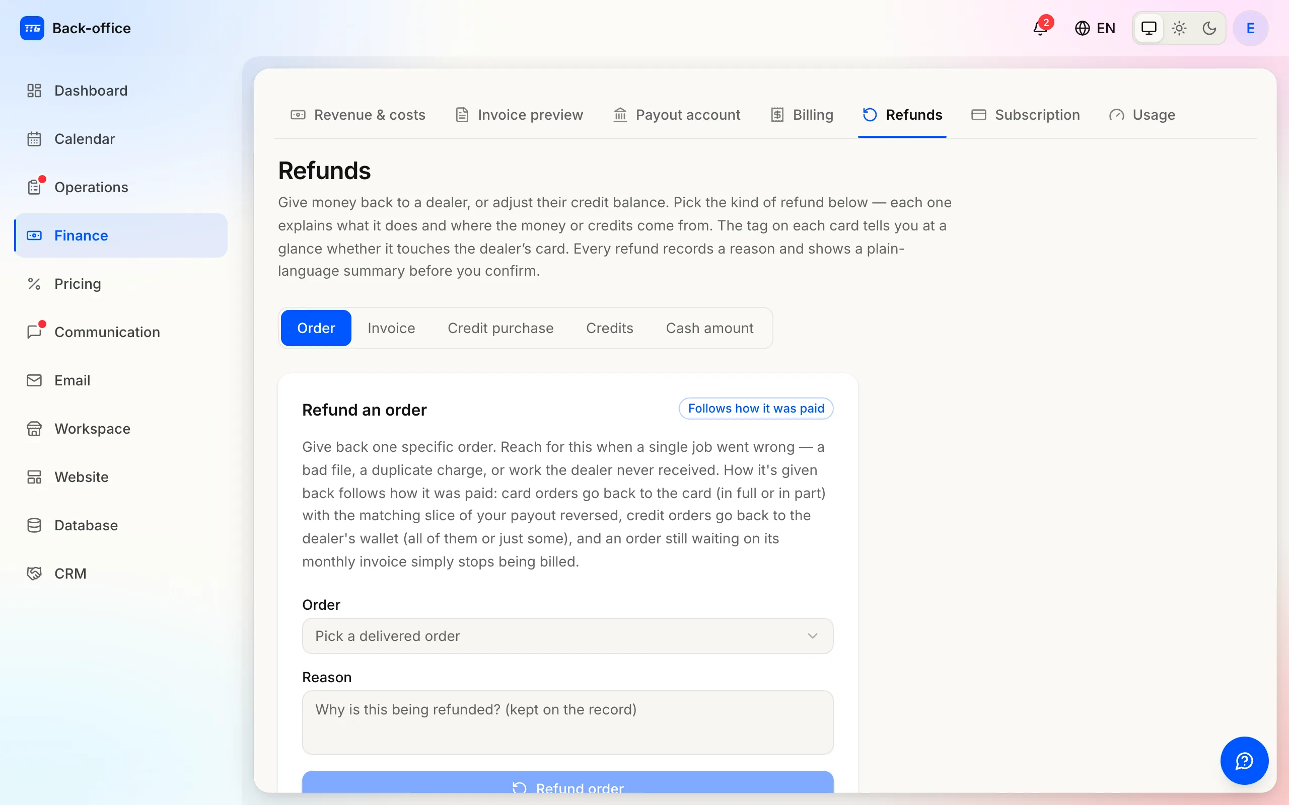 The Refunds page for returning credits or money to a dealer.