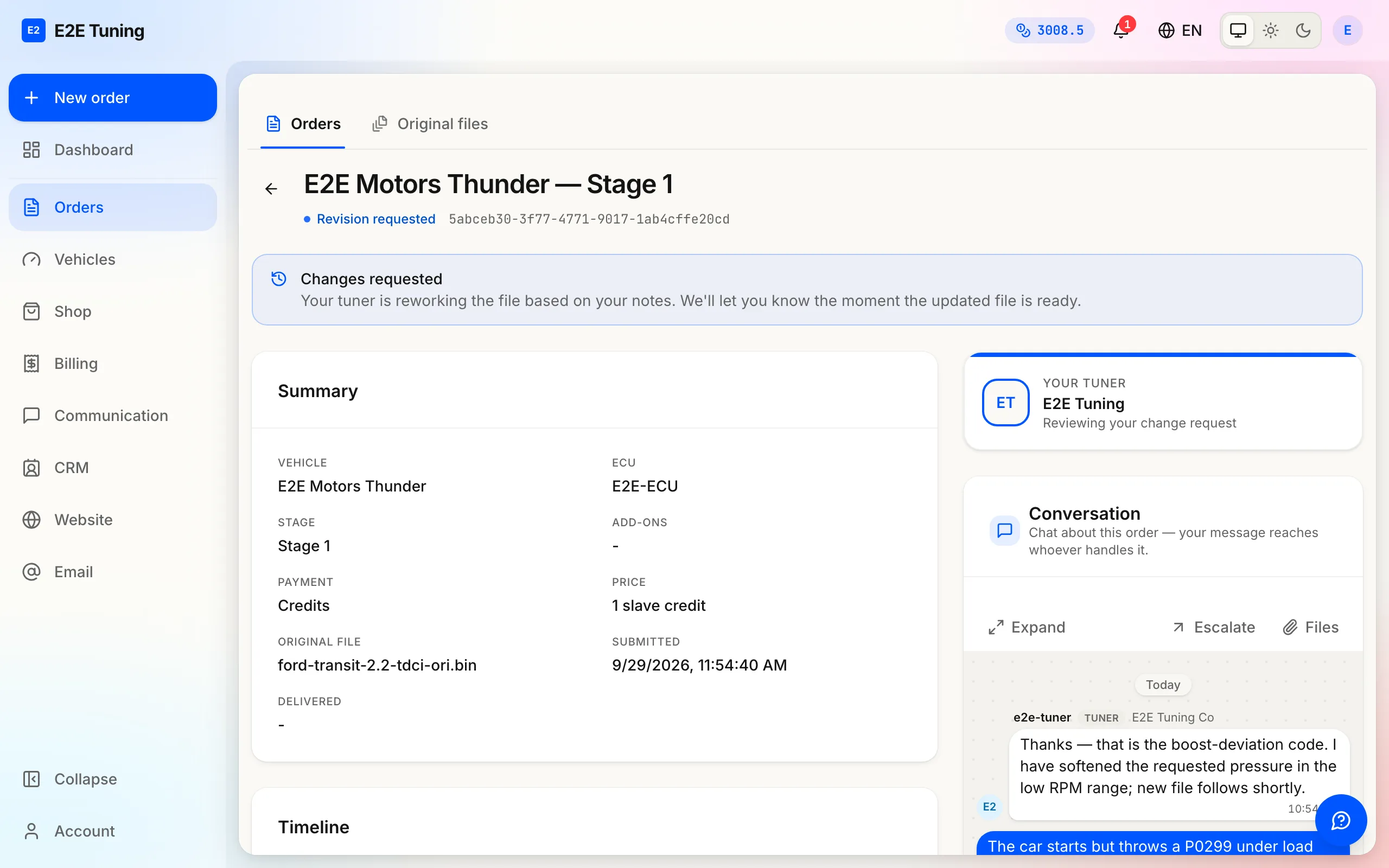 An order page with the message thread between dealer and supplier.