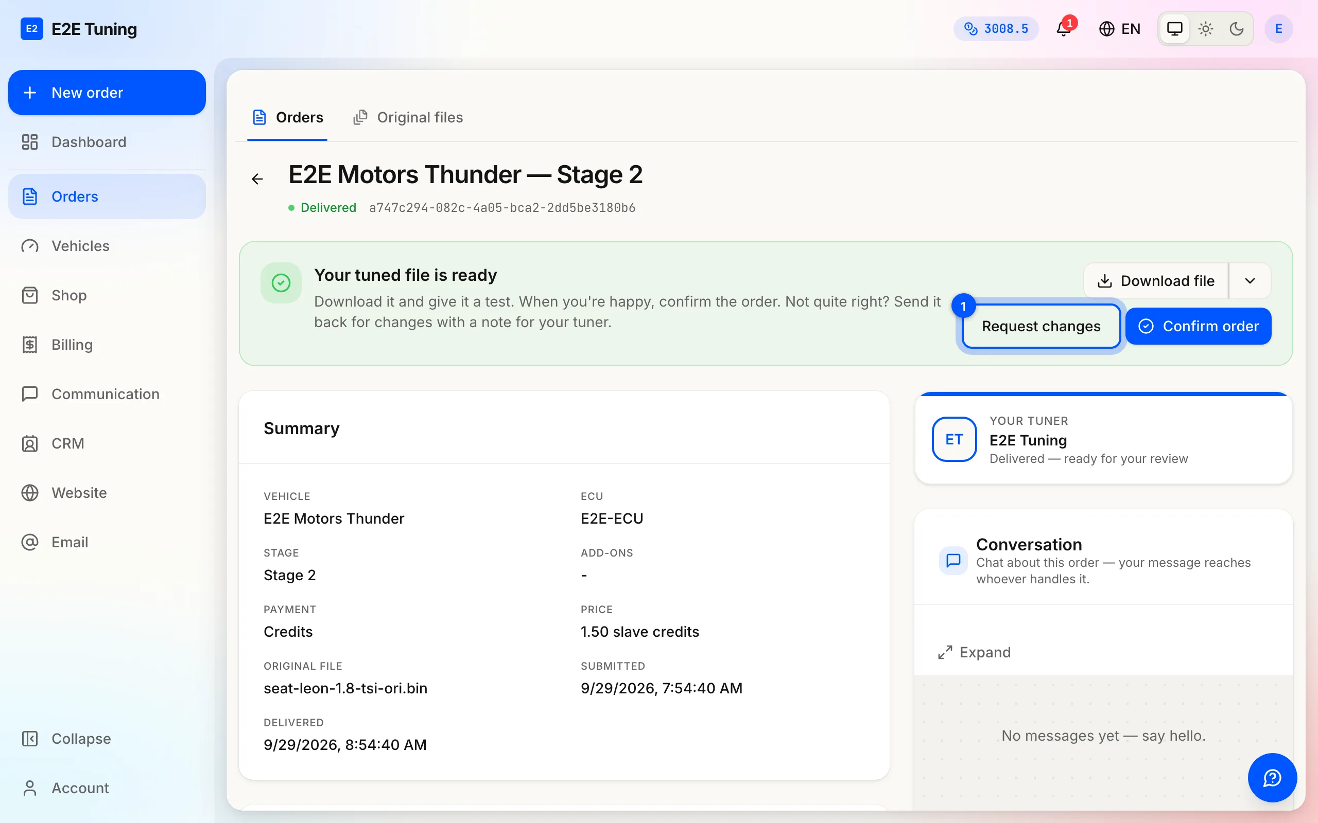 A delivered order page with Request changes highlighted — the control that sends the file back to the tuner.