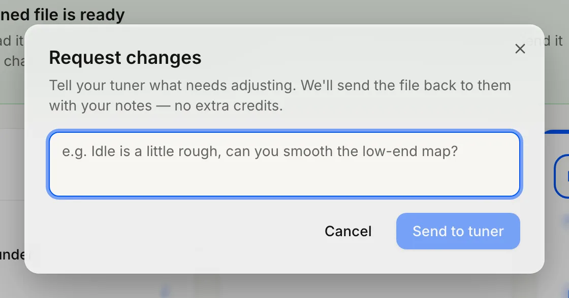 The Request changes dialog: a notes box for what the vehicle did, and Send to tuner to reopen the same order.
