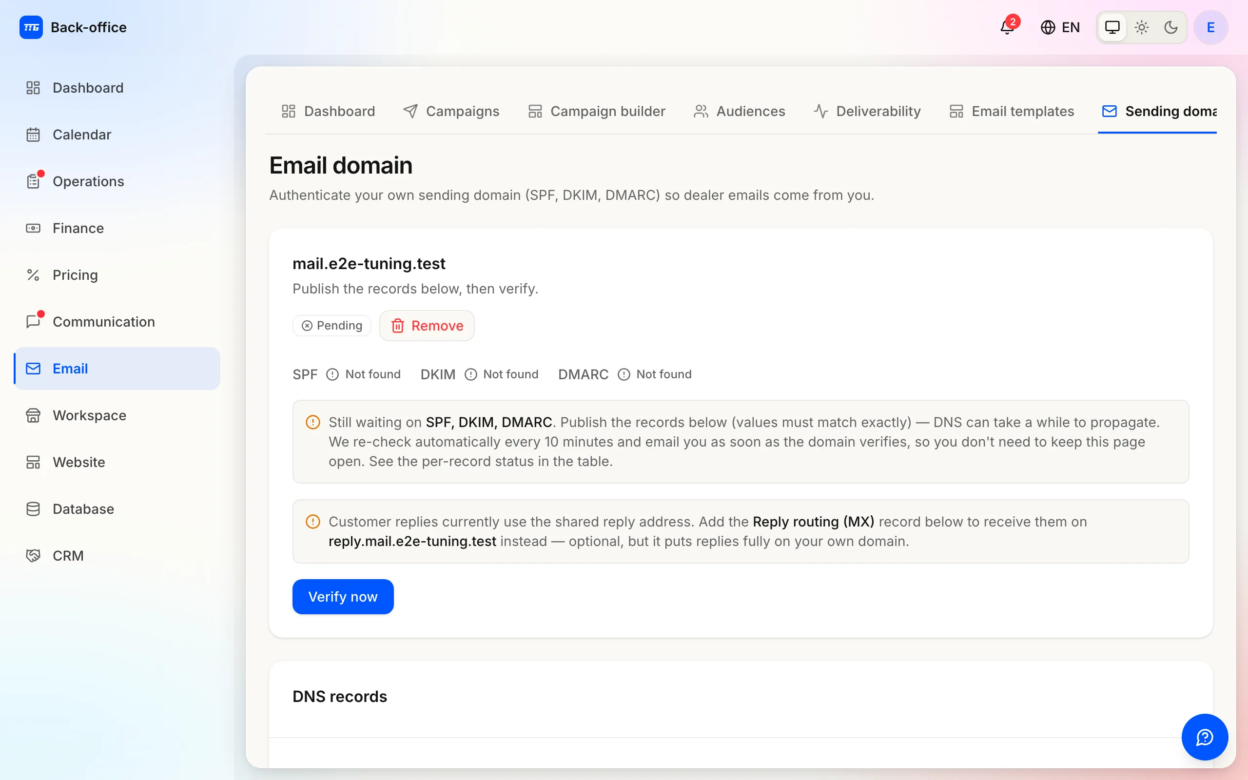 A sending domain's DNS records: SPF, DKIM, DMARC and return-path, each with its own check status.