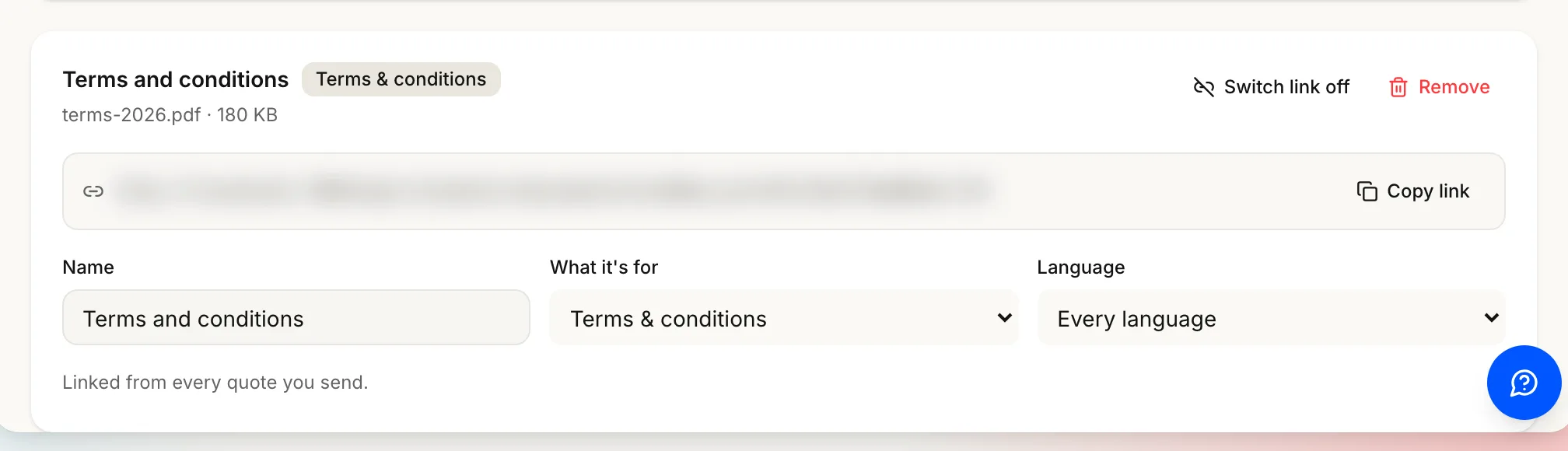 An uploaded terms document: its filename and size, the share link with Copy link, Switch link off and Remove, and the What it's for setting.