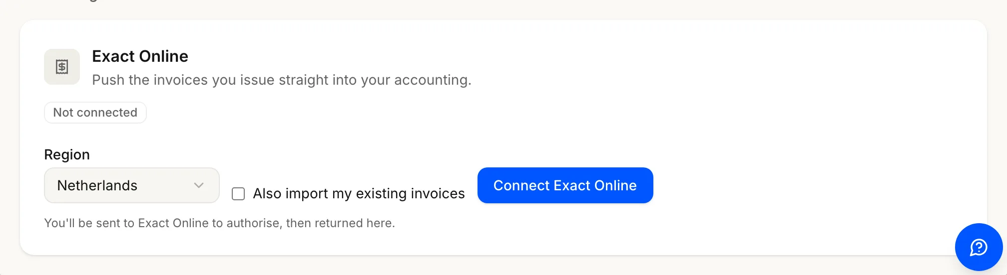 The Exact Online card, badged Not connected, with Region on Netherlands, the import-existing-invoices tick box and Connect Exact Online.