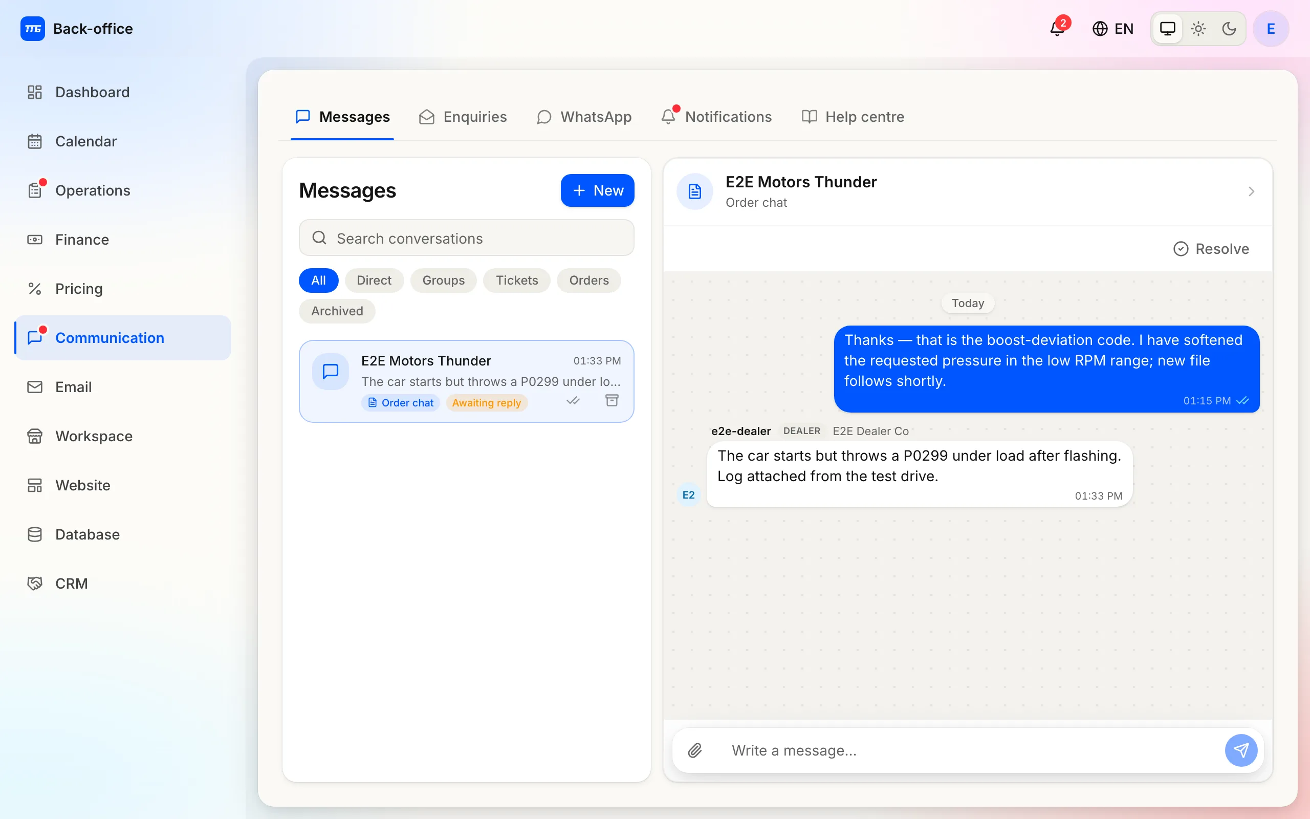 The Messages inbox: the All/Direct/Groups/Tickets/Orders/Archived chips over one Order chat row, with that thread open beside it.