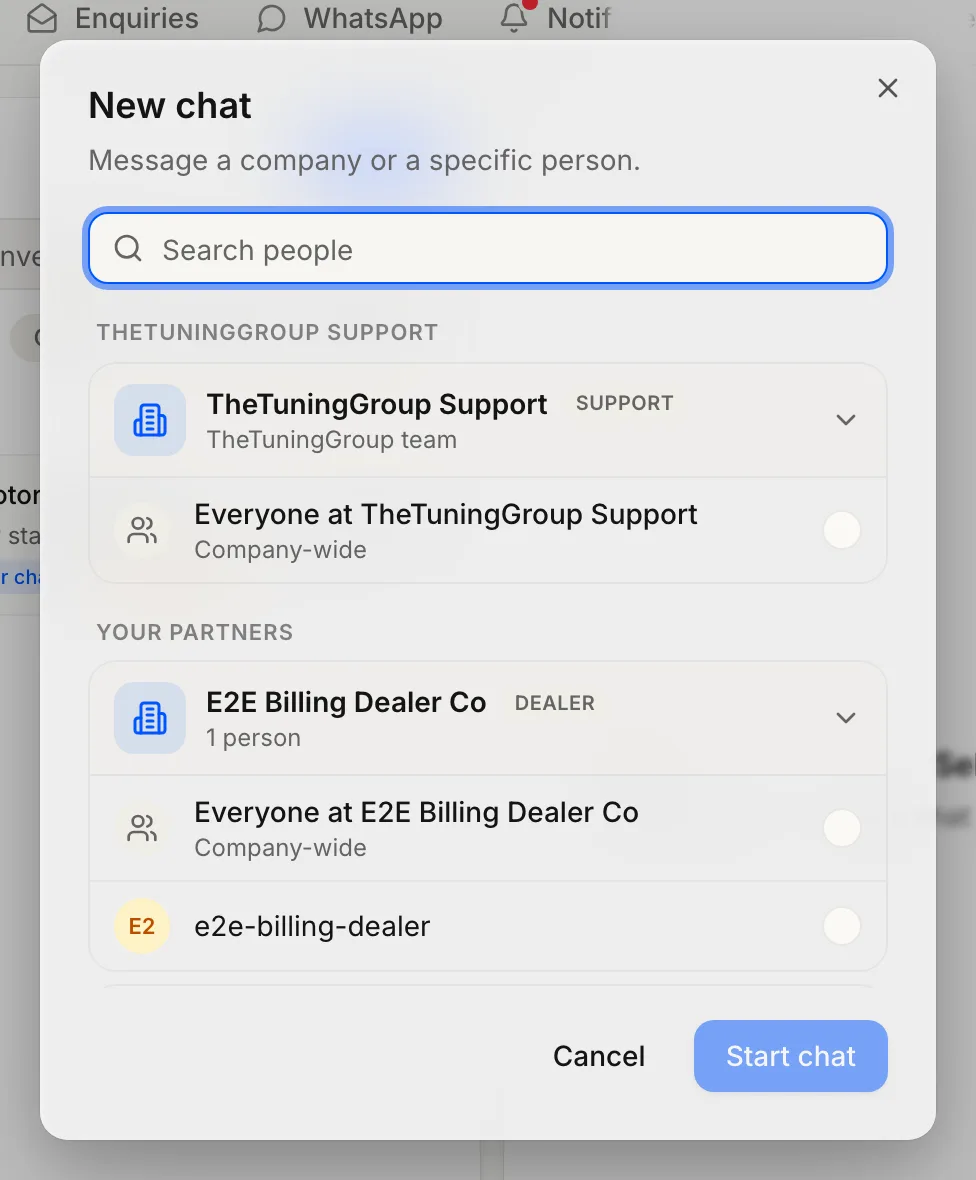The New chat picker, grouped by relationship: TheTuningGroup Support offered company-wide only, then each dealer company and its people.