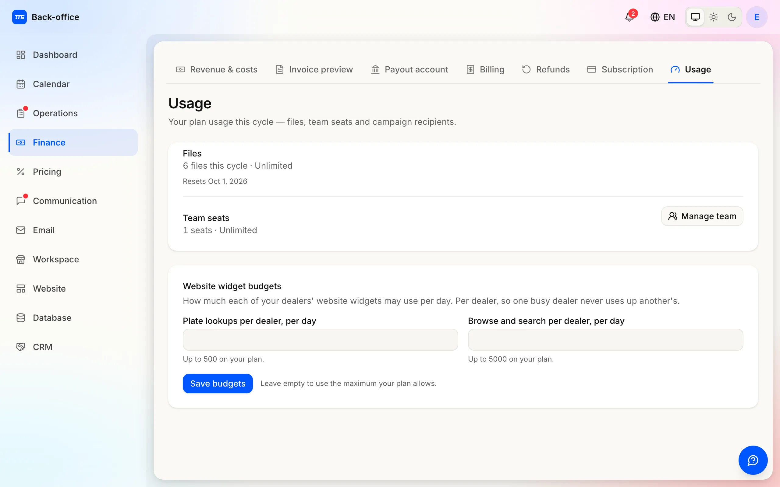The Usage page with each plan allowance, its consumption and reset date.