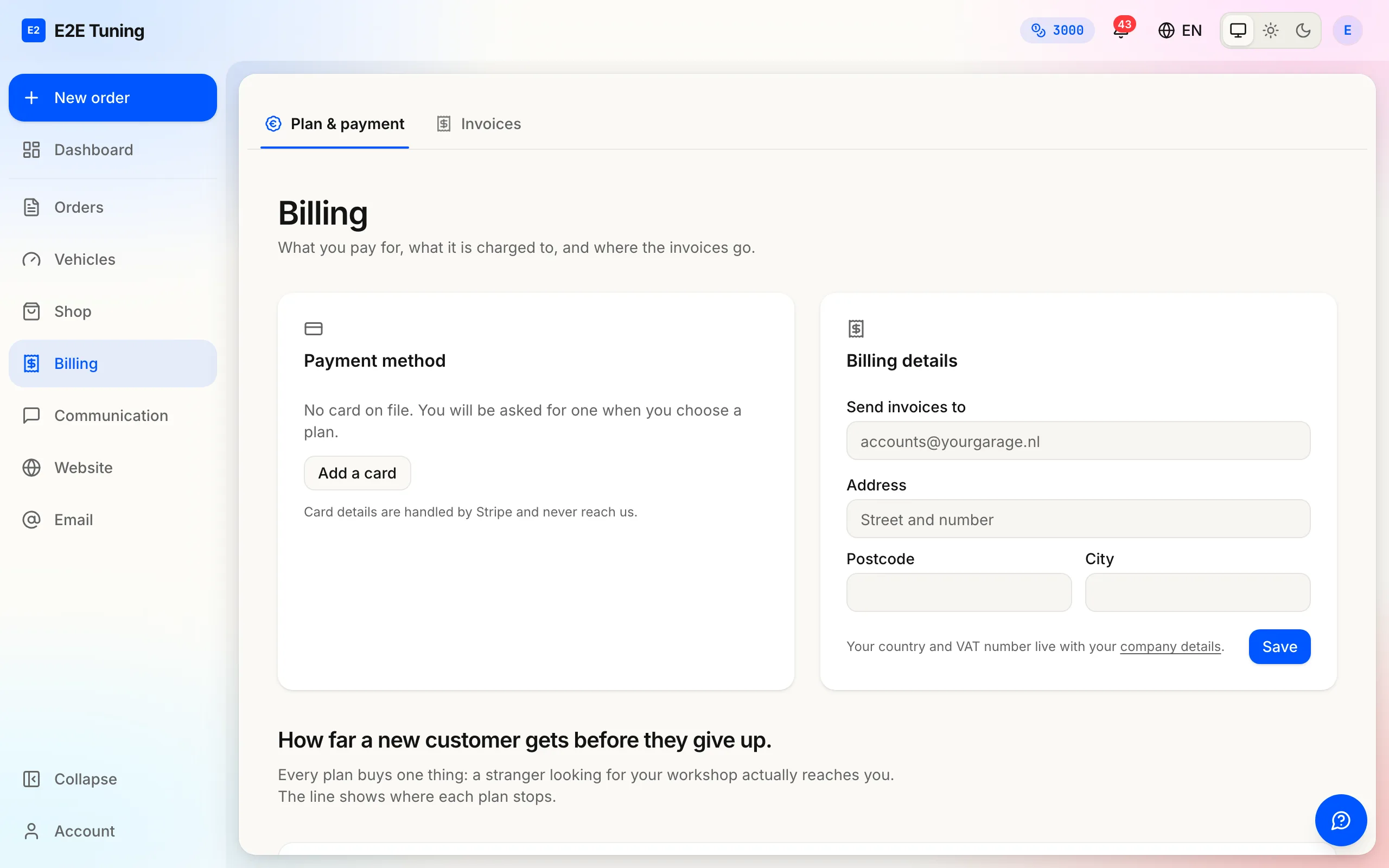 The billing details with the VAT number field and its verification status.