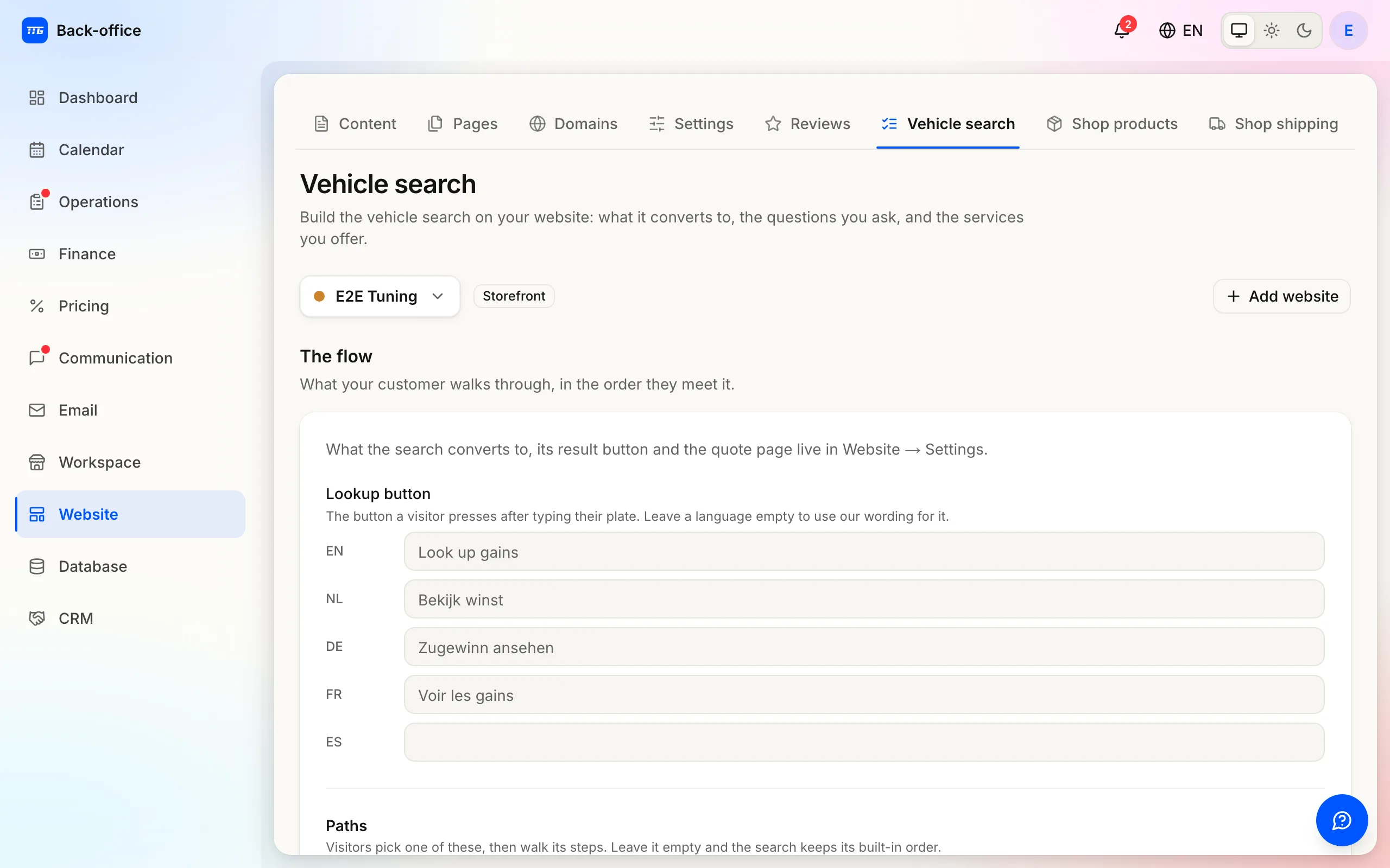 The vehicle-search builder: what the search converts to and the contact details it asks for.