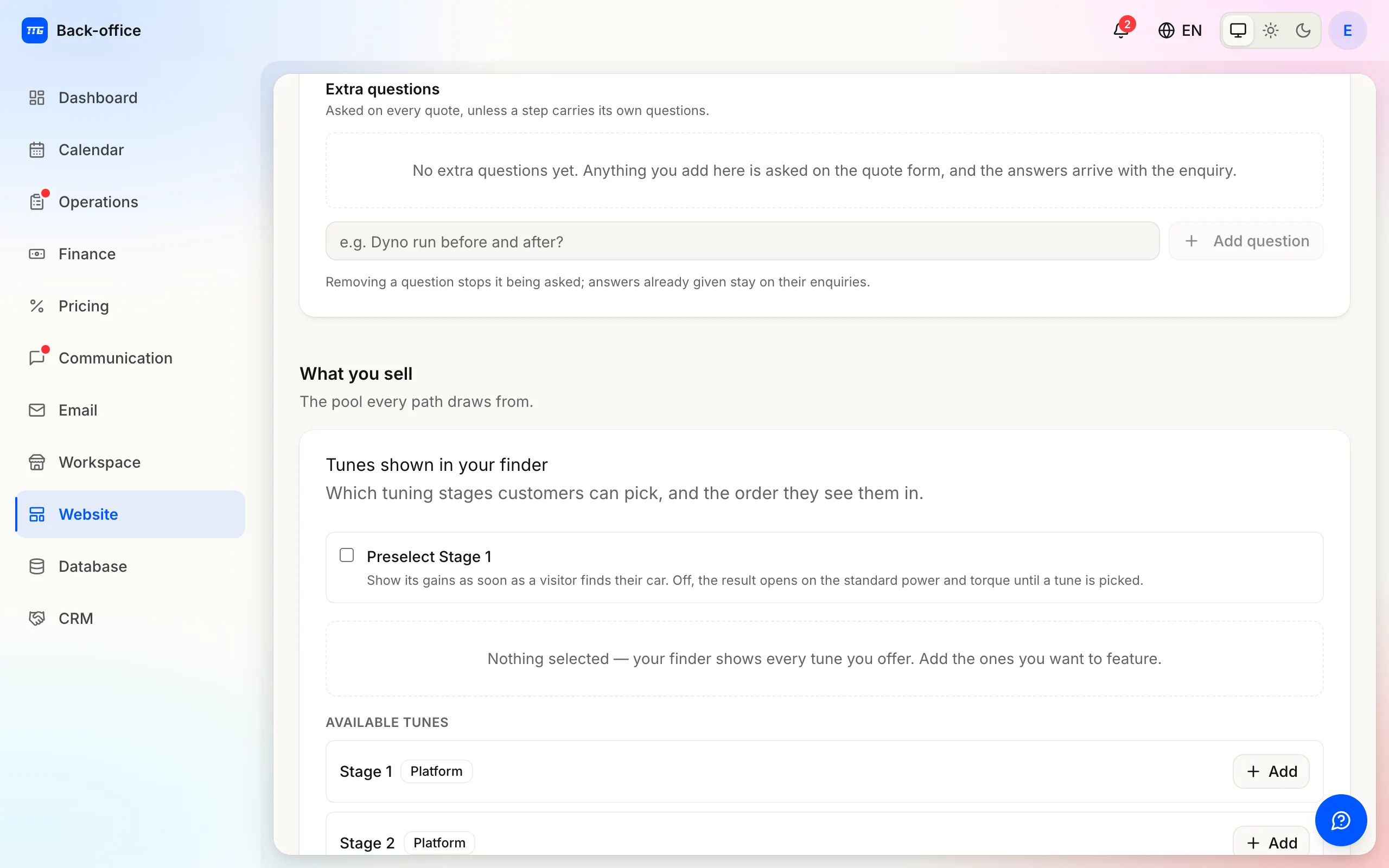 The finder's tune curator: the stages shown on the public site, with the available tunes to add beside them.