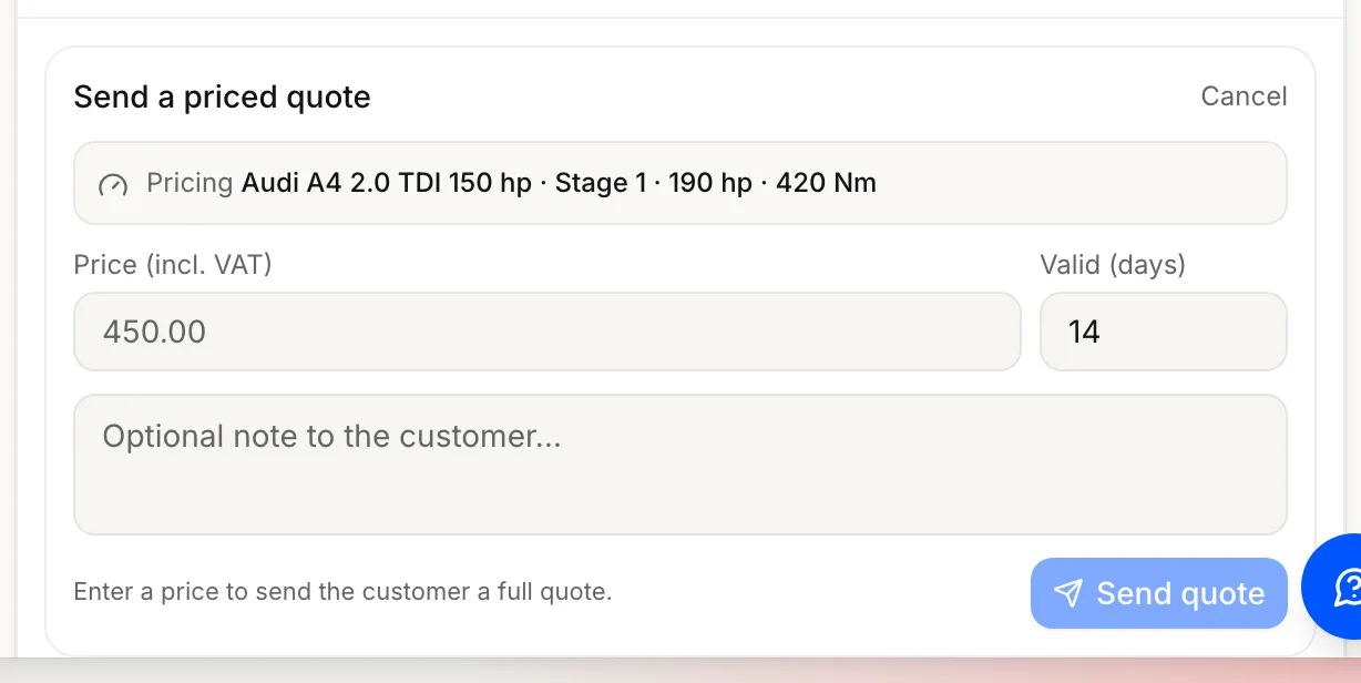 The priced-quote composer in a lead: the car and stage being priced, a price including VAT, how long it stays valid and a note.