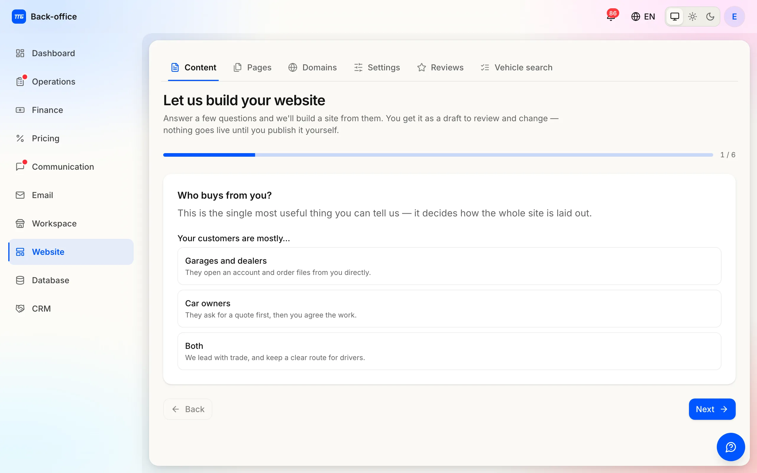 The website brief: six questions about the business that produce a built site draft.