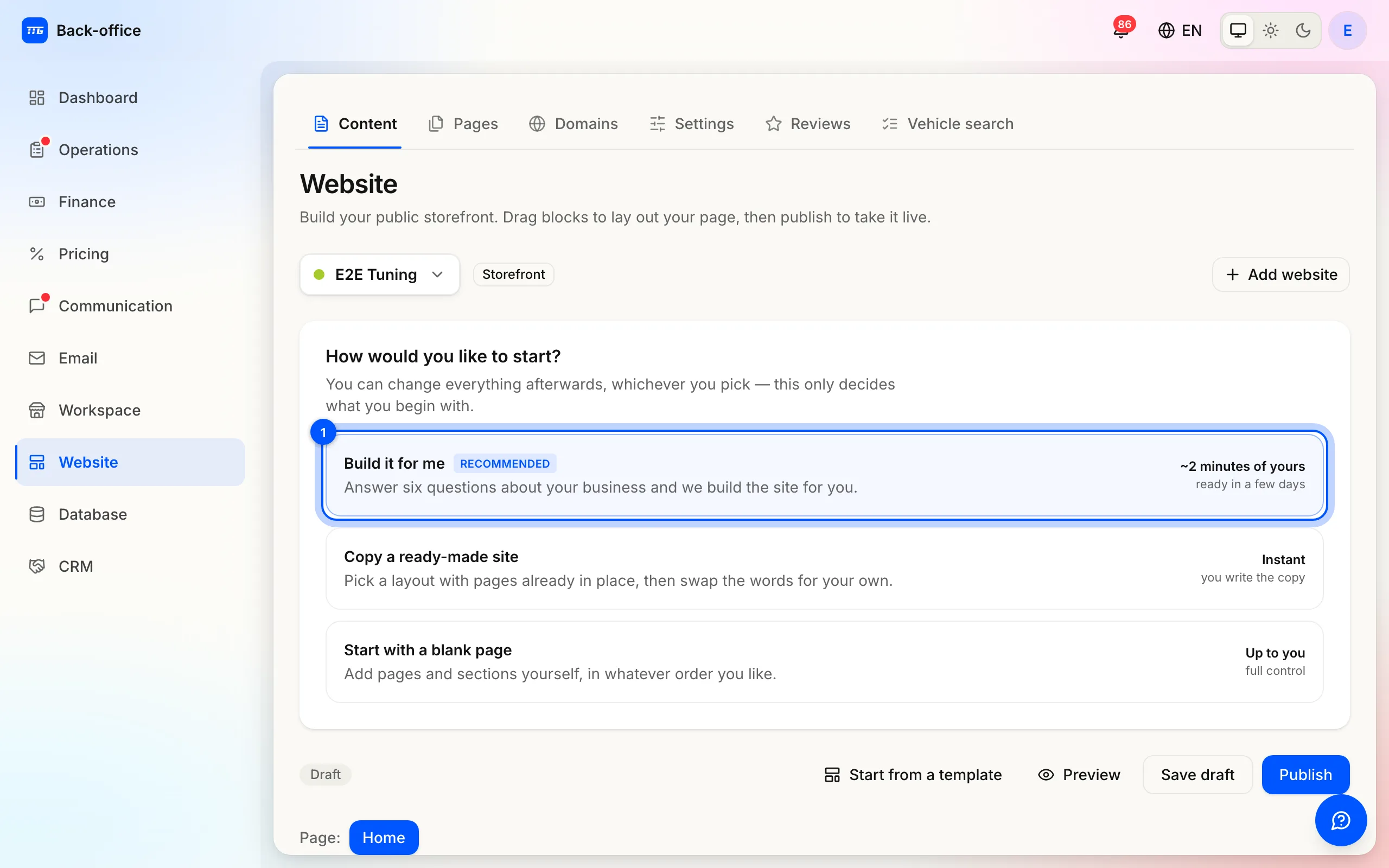 The Website section asking how to start: build it for me, copy a ready-made site, or a blank page.