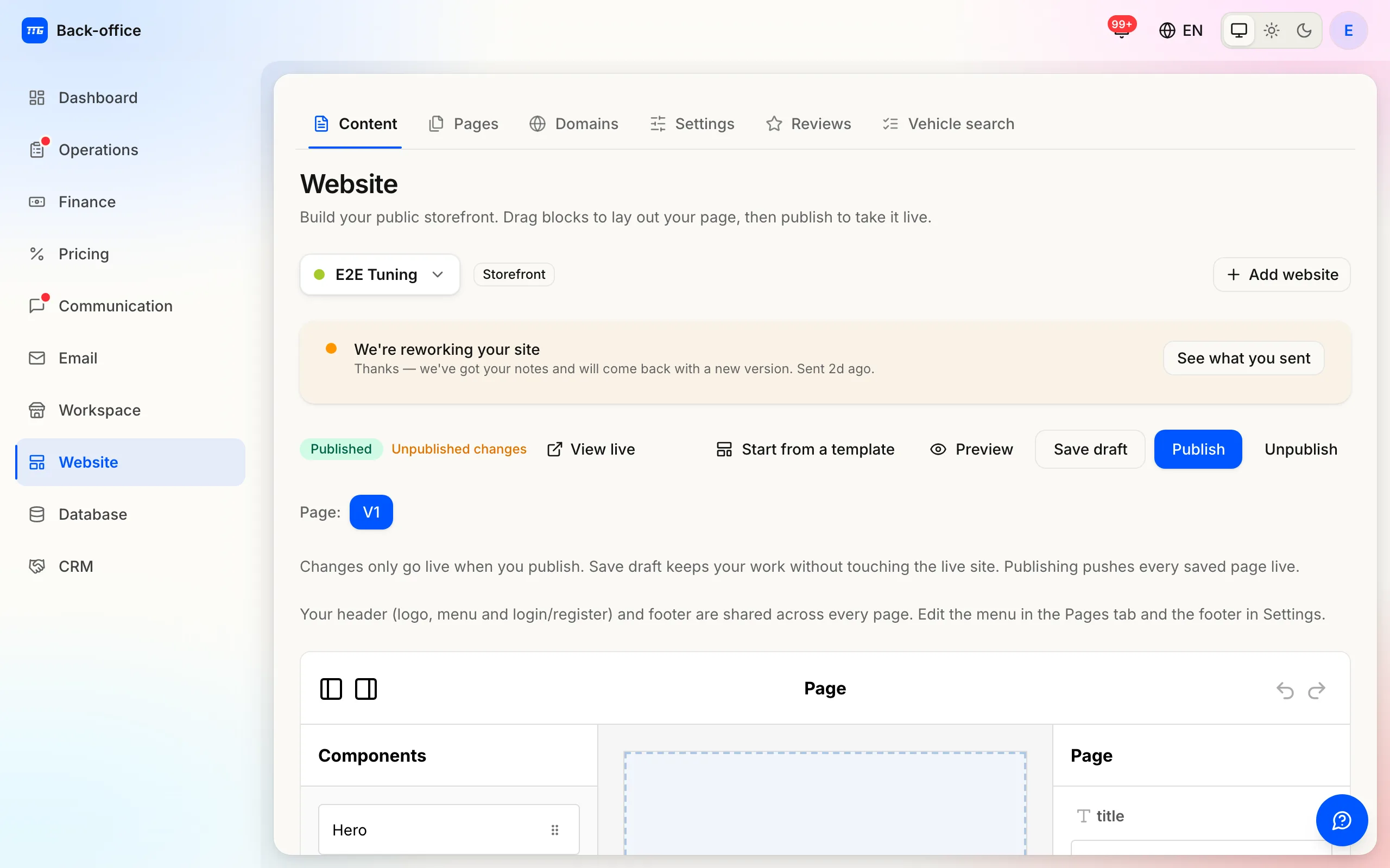 The Website section: pages, domain state and publishing for the workspace site.
