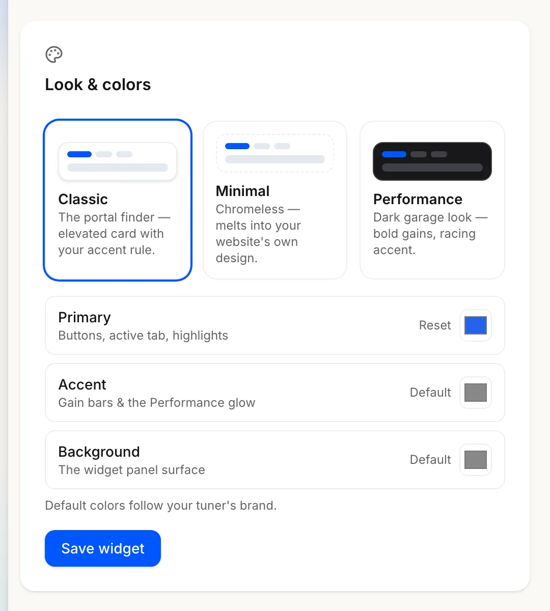 The Look & colors card: the Classic, Minimal and Performance templates above the primary, accent and background colour pickers.