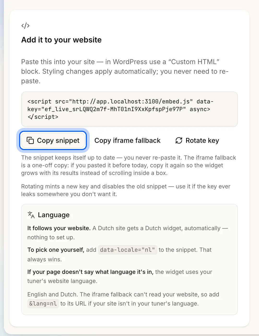 The Add it to your website card: the one-line script tag, with Copy snippet ringed beside Copy iframe fallback and Rotate key.