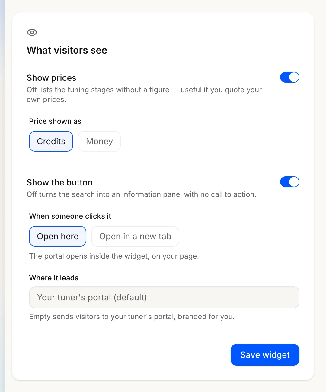 The What visitors see card: Show prices, Price shown as, Show the button, the open here / new tab choice, and the Where it leads address field.