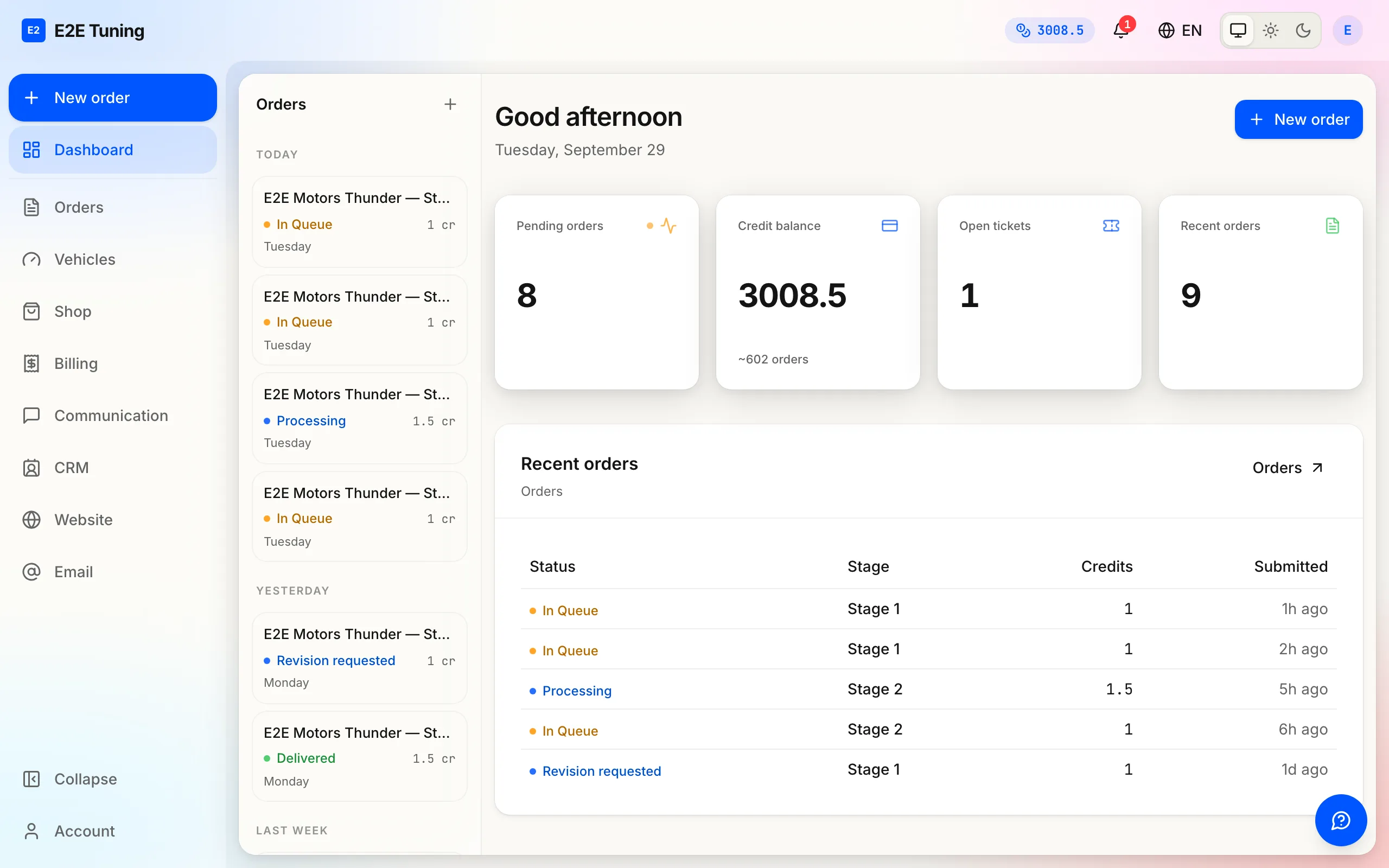 The dealer portal dashboard: orders, credit balance and recent activity.