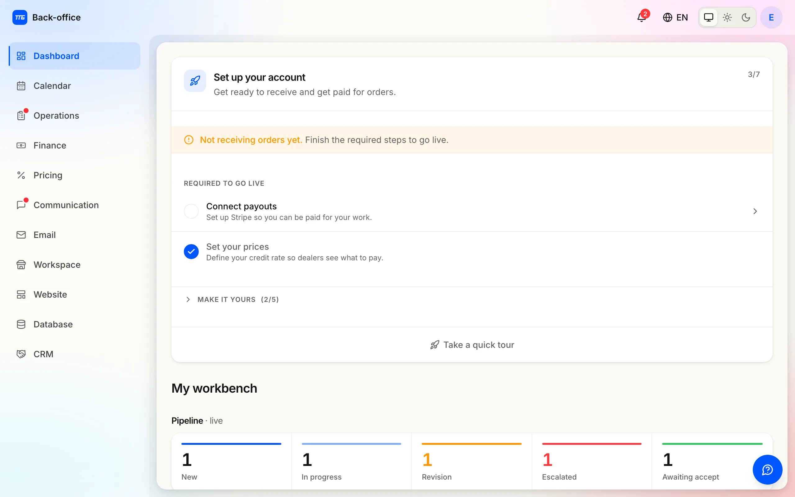 The tuner back office with the go-live checklist, pipeline and business figures.