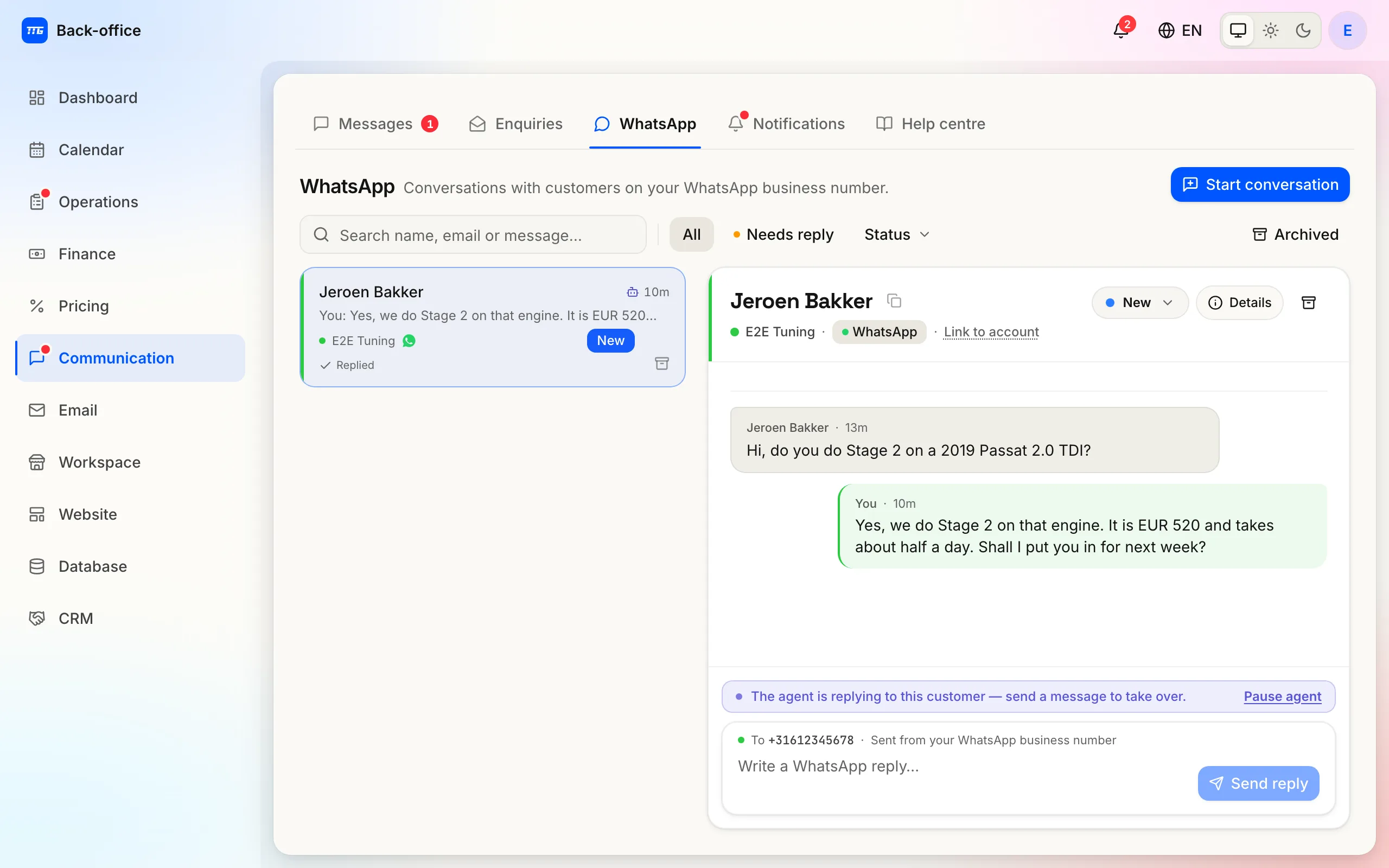 The WhatsApp inbox: customer conversations on the business number, open beside the reply composer.