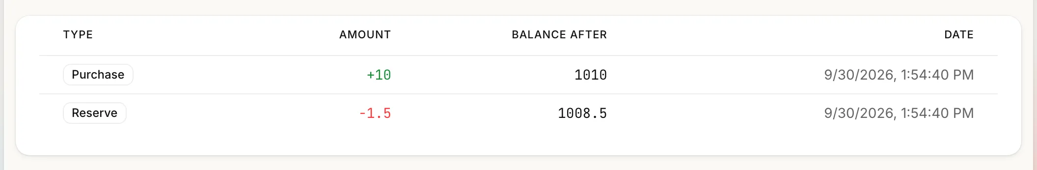 The credit ledger listing purchases, order charges and refunds with a running balance.