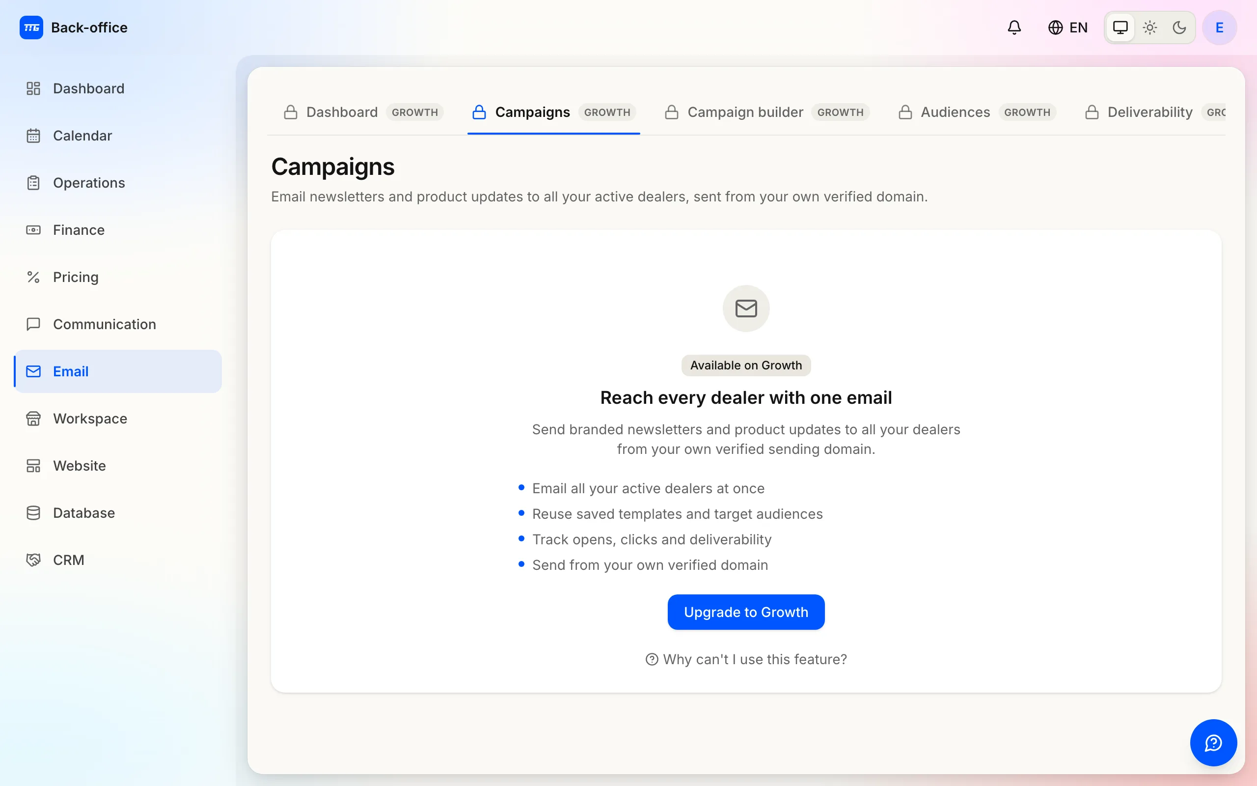 A locked feature page: what email campaigns do, which tier includes them, and the upgrade button.