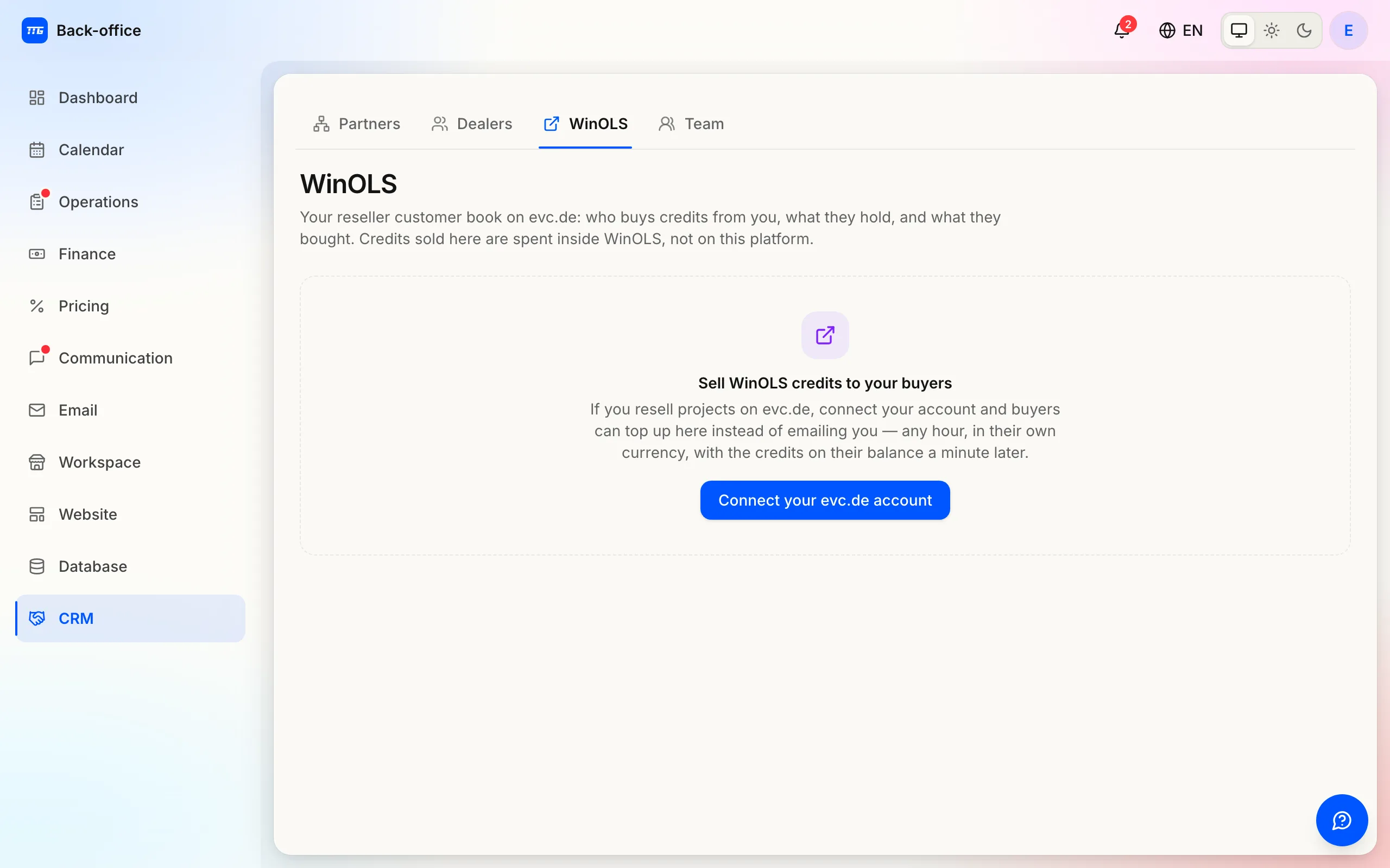 The WinOLS reselling page: connect evc.de, price your bundles, share the buy page.