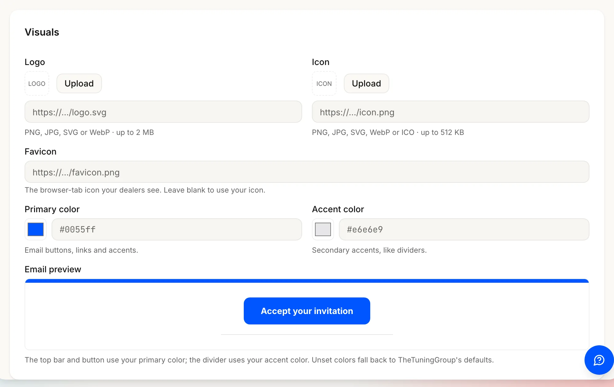 The Branding page's Visuals card: logo, icon and favicon fields with their size limits, the primary and accent colour pickers, and the email preview.