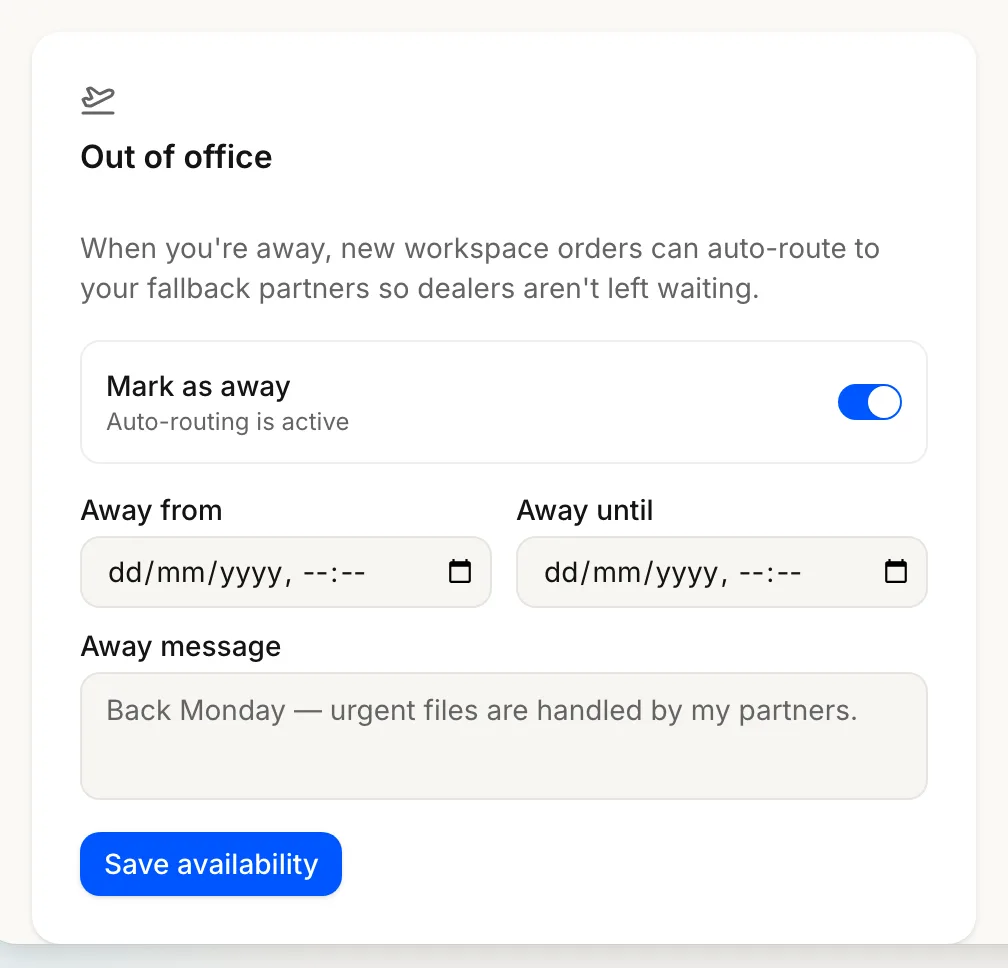 The Out of office card with Mark as away switched on, revealing the Away from, Away until and Away message fields above Save availability.