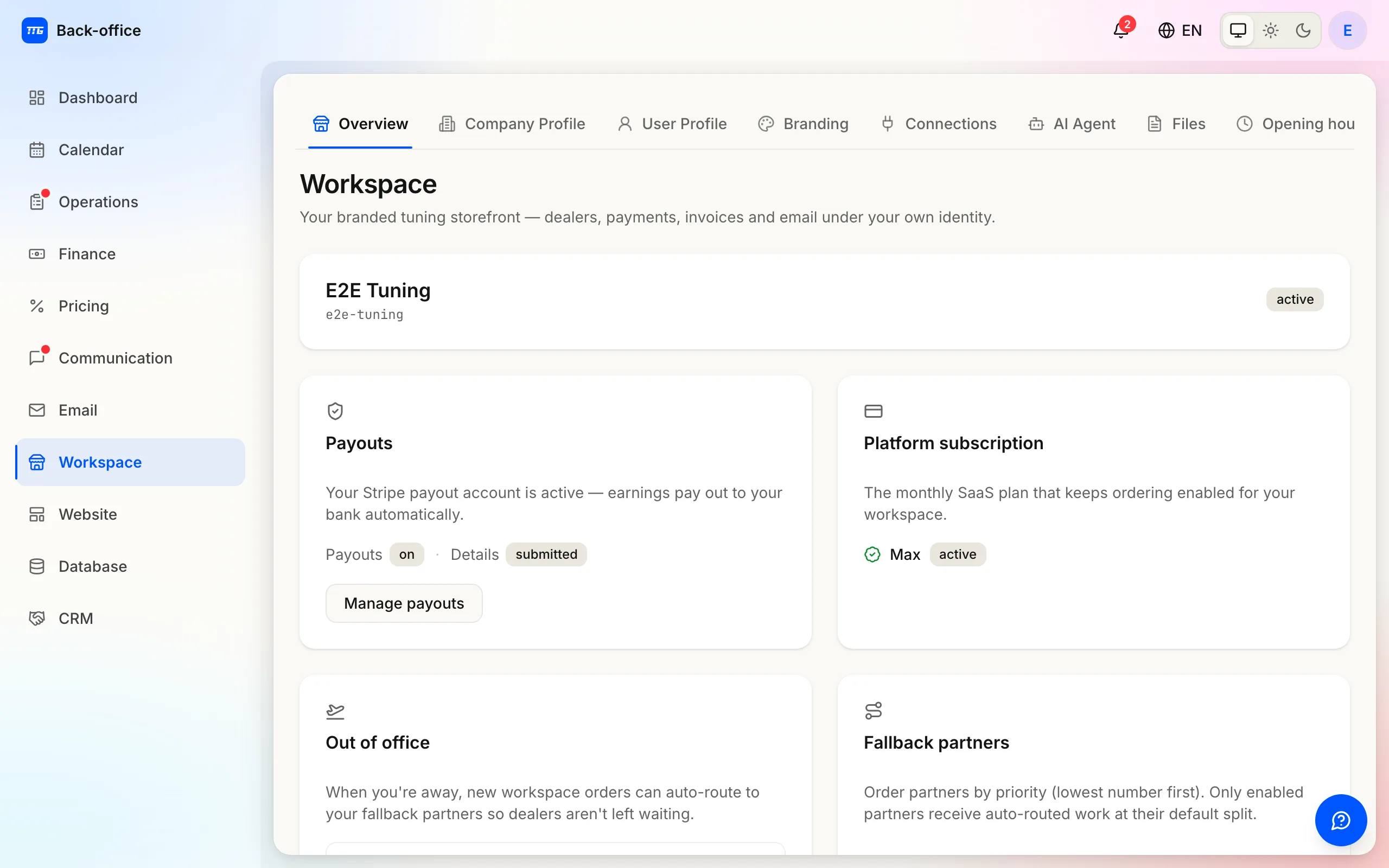 The Workspace Overview page: the workspace name and slug above the Payouts card and the Platform subscription card, both reported healthy.