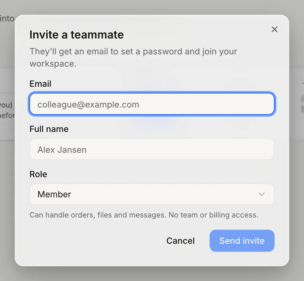 The Invite a teammate dialog: email and full-name fields, a Role selector set to Member with its permissions spelled out, and Send invite.