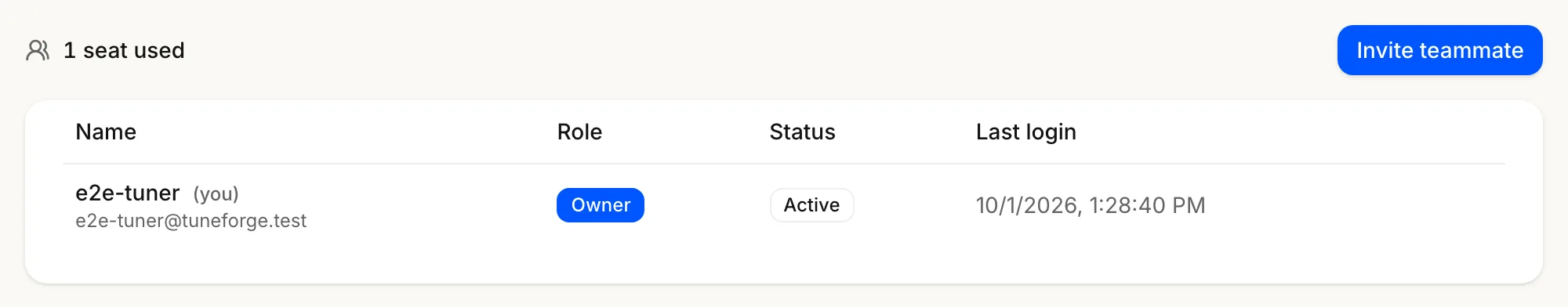 The Team list: the seat counter and Invite teammate button above a table of name, role, status and last login, holding the owner's own row.