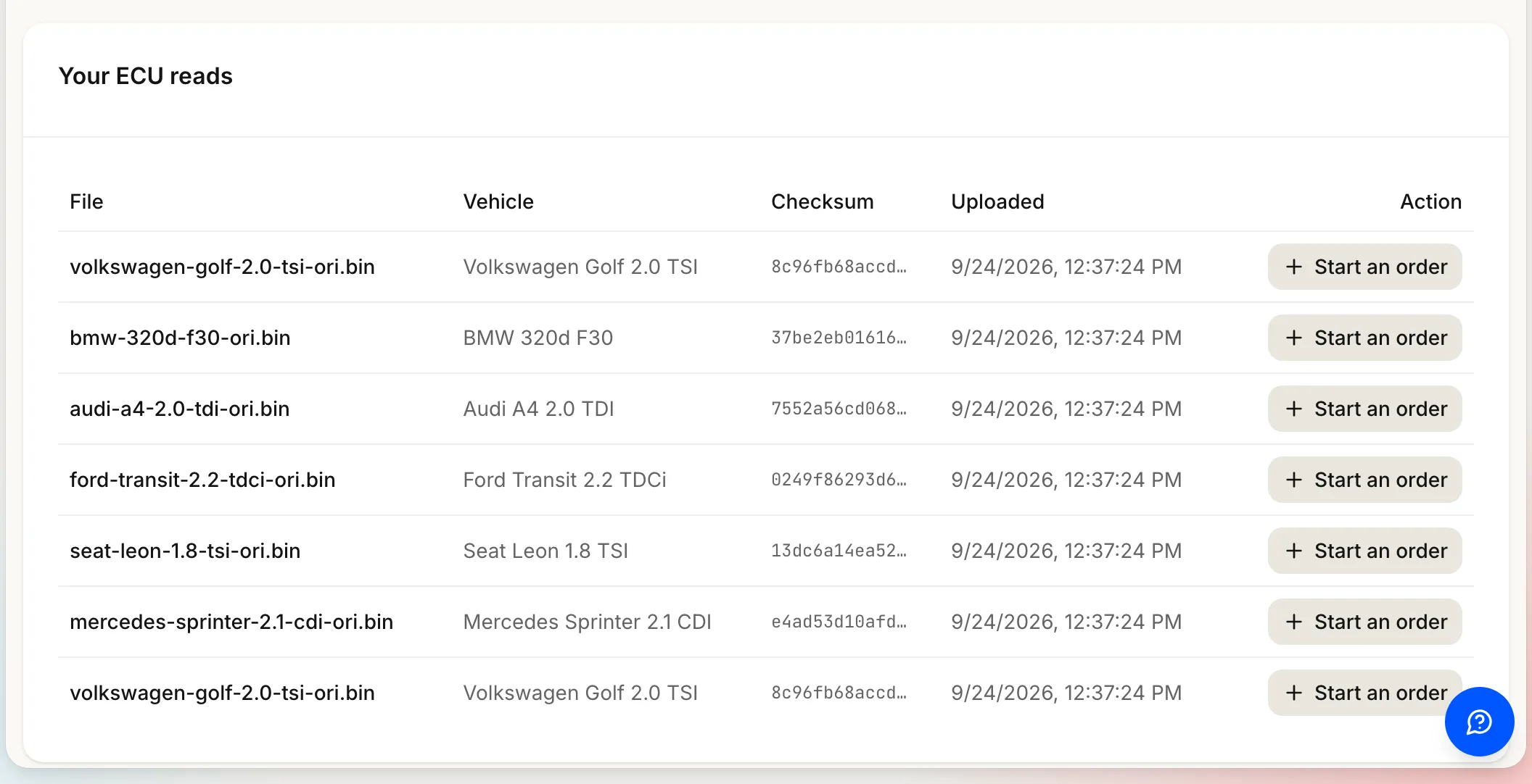The dealer's ECU read library: each original file with the vehicle it came from, its checksum, when it was uploaded and a Start an order action.